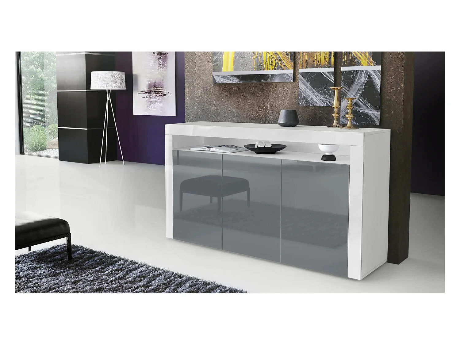 Buffet Valencia, Commode avec 3 portes et 1 compartiment ouvert, Blanc mat/gris haute brillance/blanc haute brillance (155 x 92 x 40 cm)