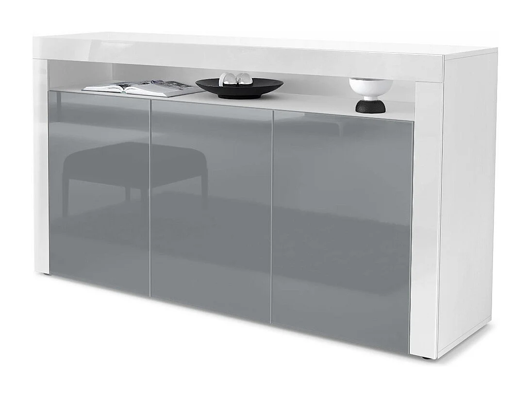Madia  Valencia, mobile a 3 ante e 1 scomparto aperto, bianco opaco/grigio lucido/bianco lucido (155 x 92 x 40 cm)