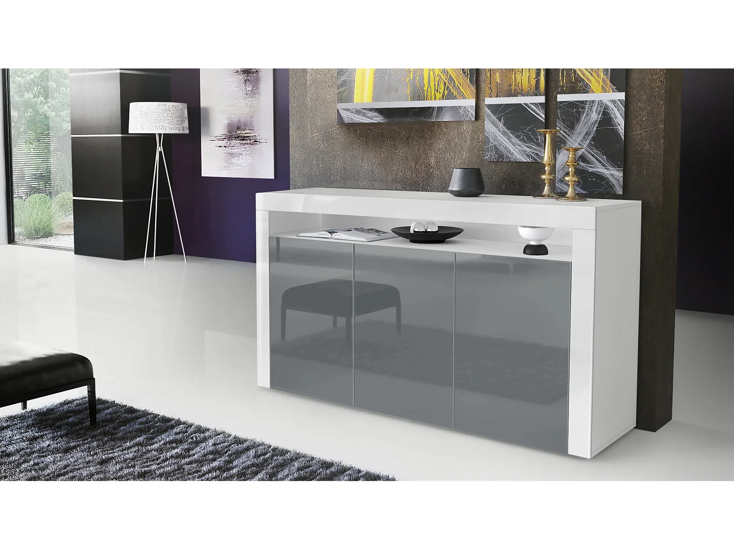 SIDEBOARD Valencia Grau Hochglanz / Weiß Hochglanz