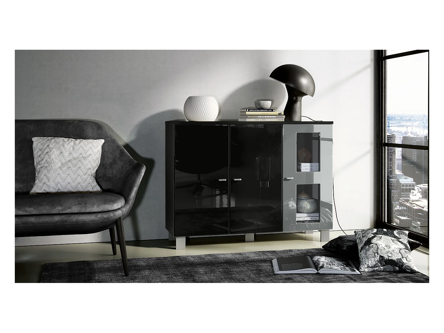 Buffet Denjo, Commode avec 3 portes, Noir mat/Noir haute brillance/Gris haute brillance (107 x 81 x 35 cm)