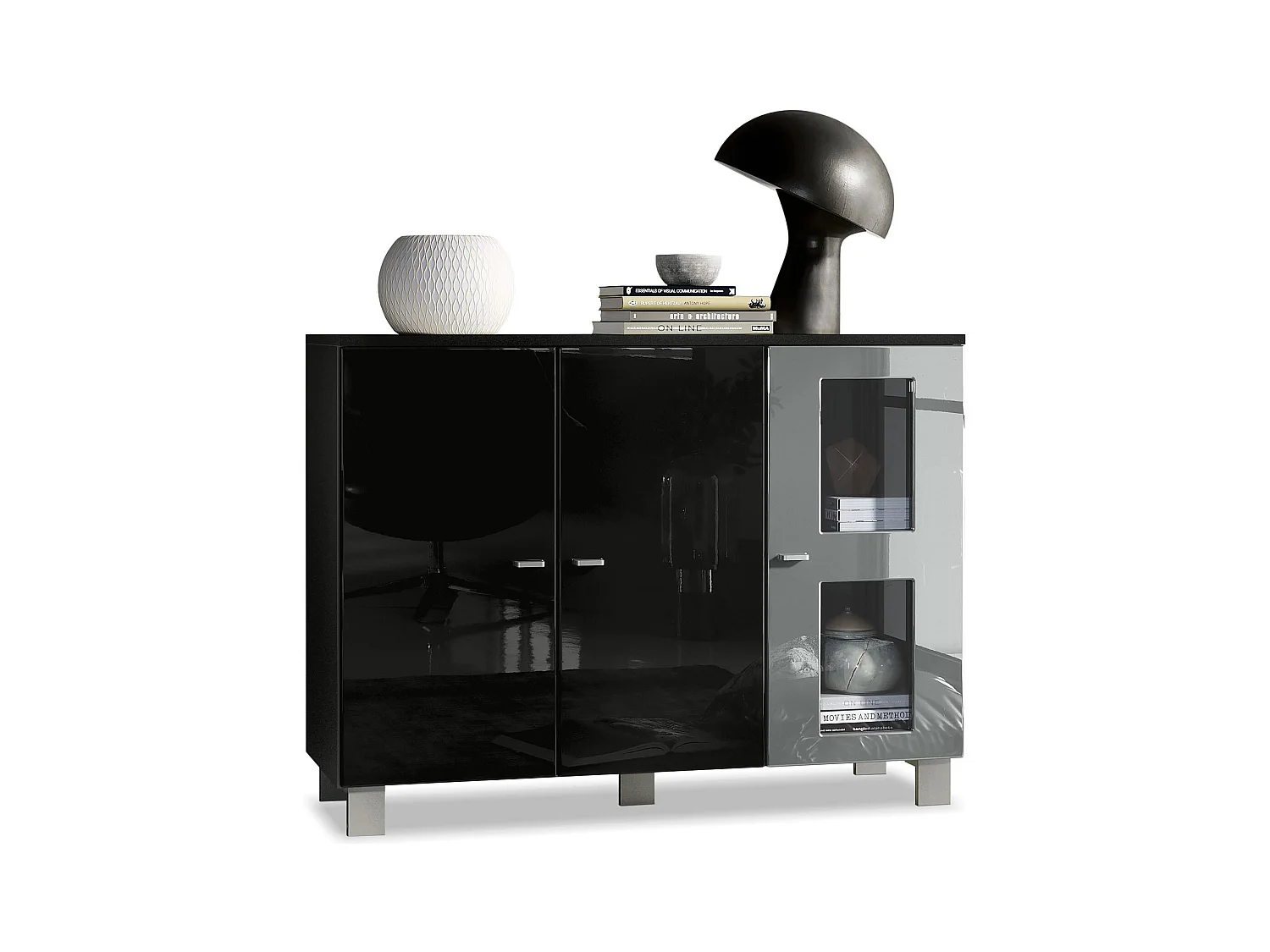 Buffet Denjo, Commode avec 3 portes, Noir mat/Noir haute brillance/Gris haute brillance (107 x 81 x 35 cm)