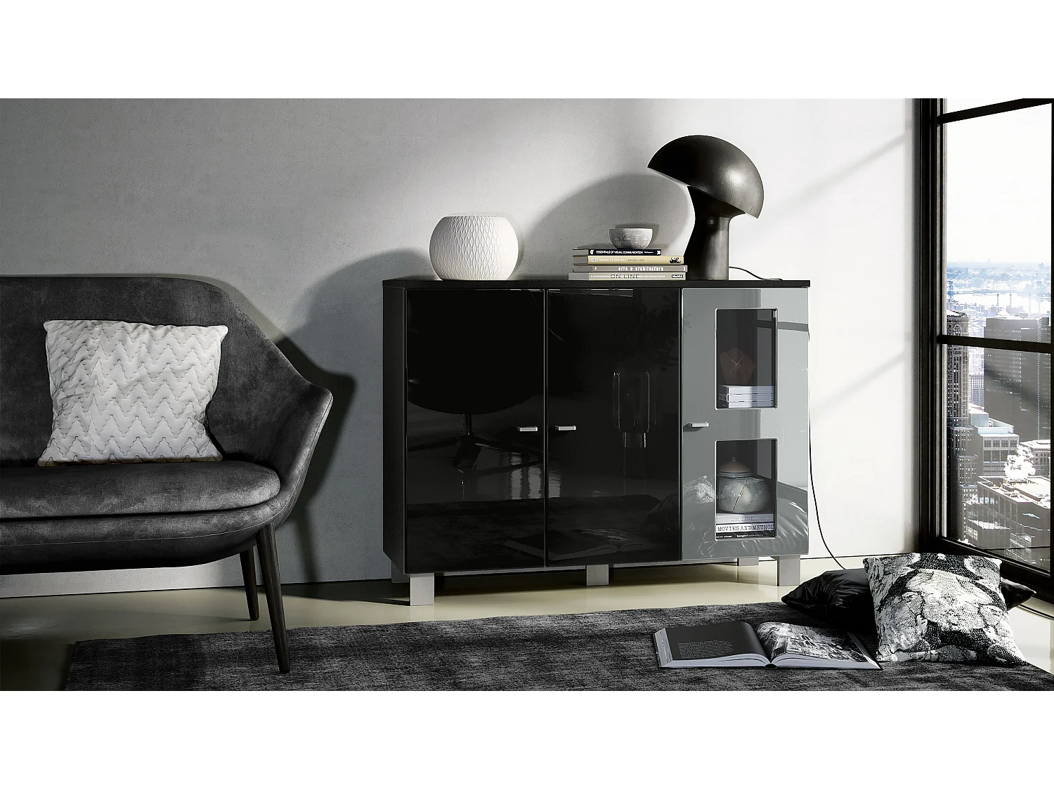 Credenza  Denjo, mobile a 3 ante, nero opaco/nero lucido/grigio lucido (107 x 81 x 35 cm)