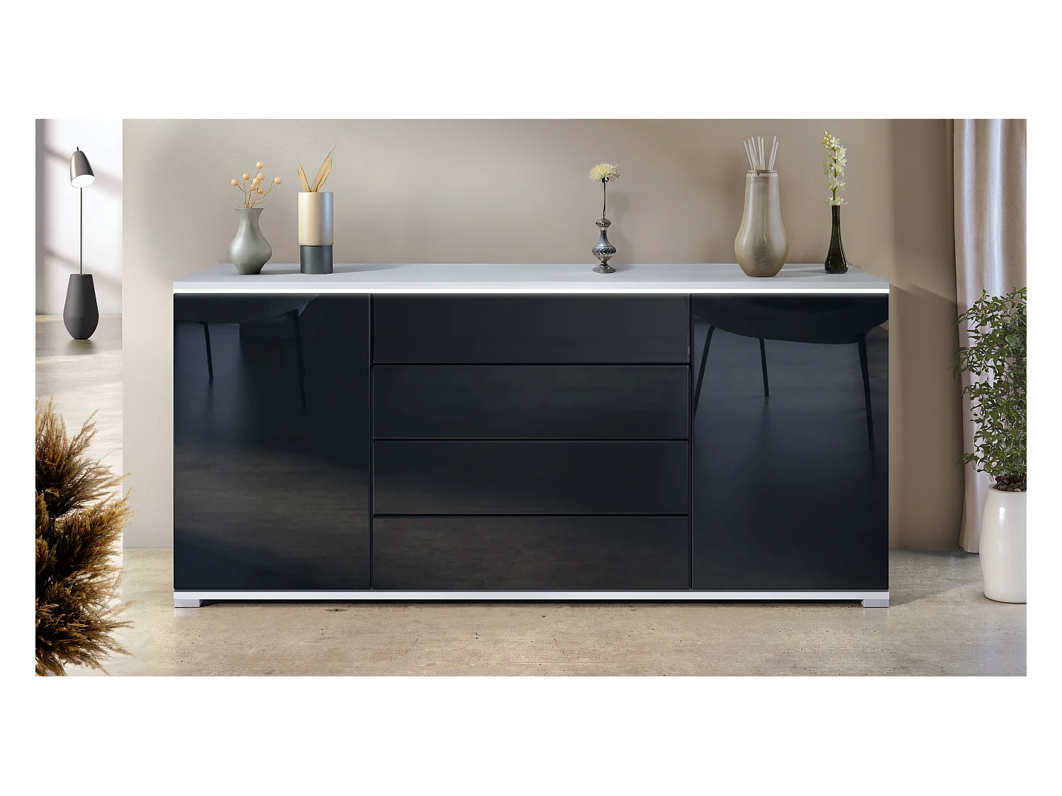 Buffet Faro V2 – Meuble avec 2 Portes & 4 Tiroirs, Armoire avec Bande LED Lumineuse, blanc mat / noir haute brillance (166,5 x 75,5 x 35)