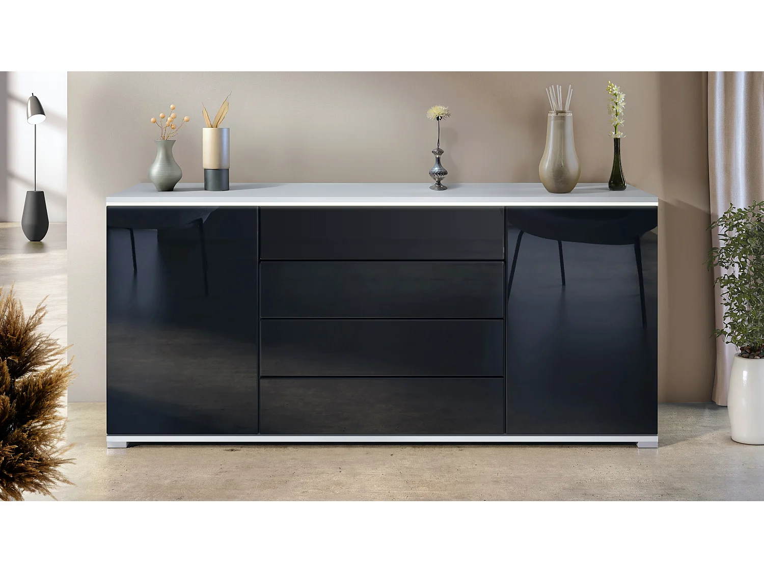 Buffet Faro V2 – Meuble avec 2 Portes & 4 Tiroirs, Armoire avec Bande LED Lumineuse, blanc mat / noir haute brillance (166,5 x 75,5 x 35)