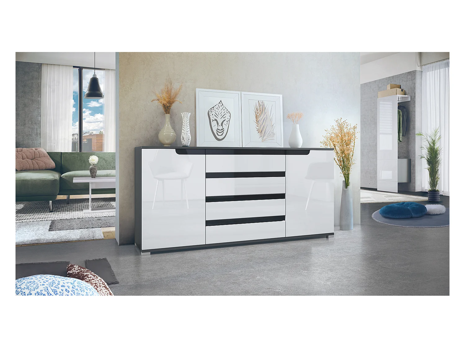 SIDEBOARD Sylt Weiß Hochglanz / Schwarz Hochglanz