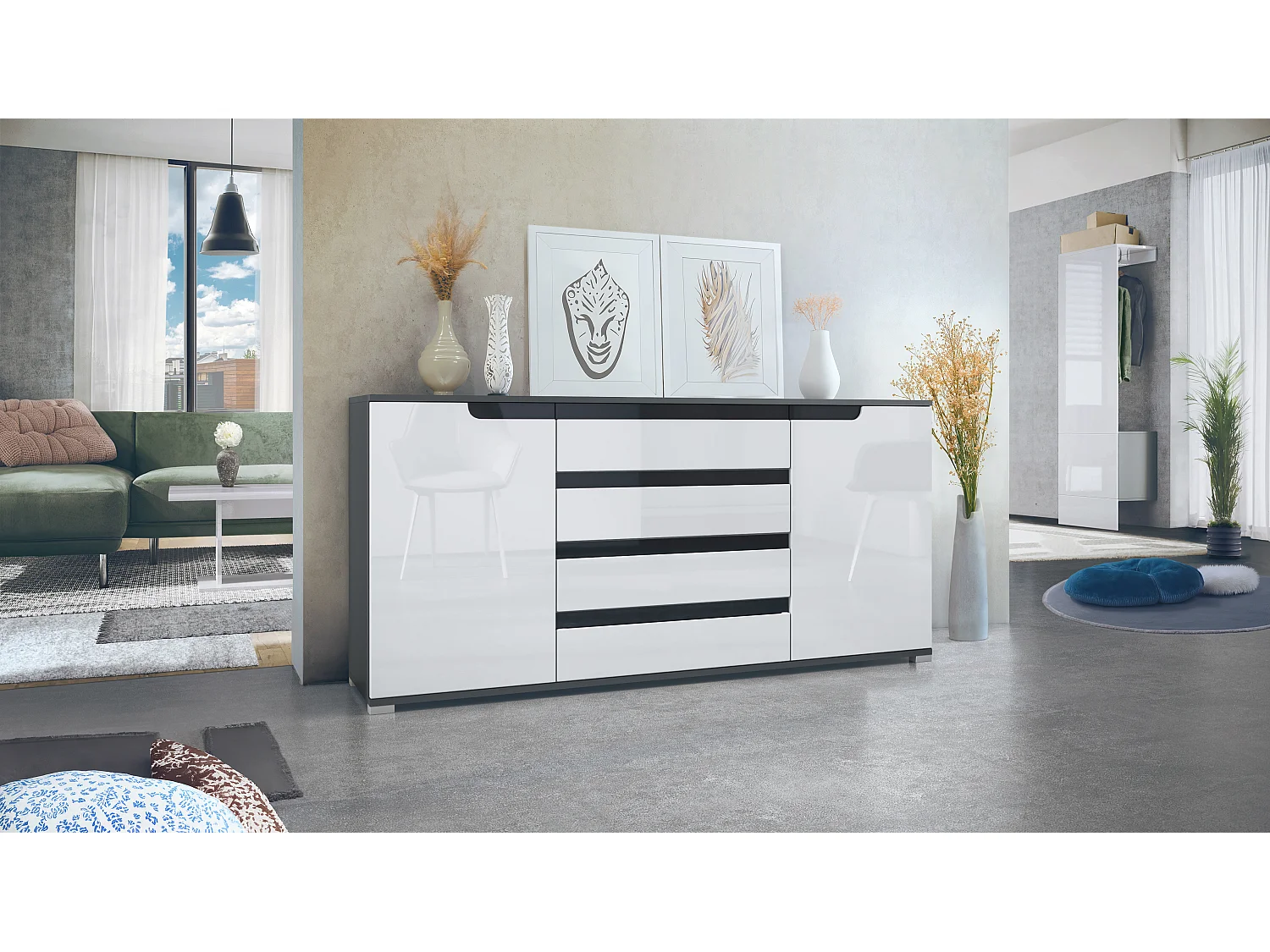 SIDEBOARD Sylt Weiß Hochglanz / Schwarz Hochglanz