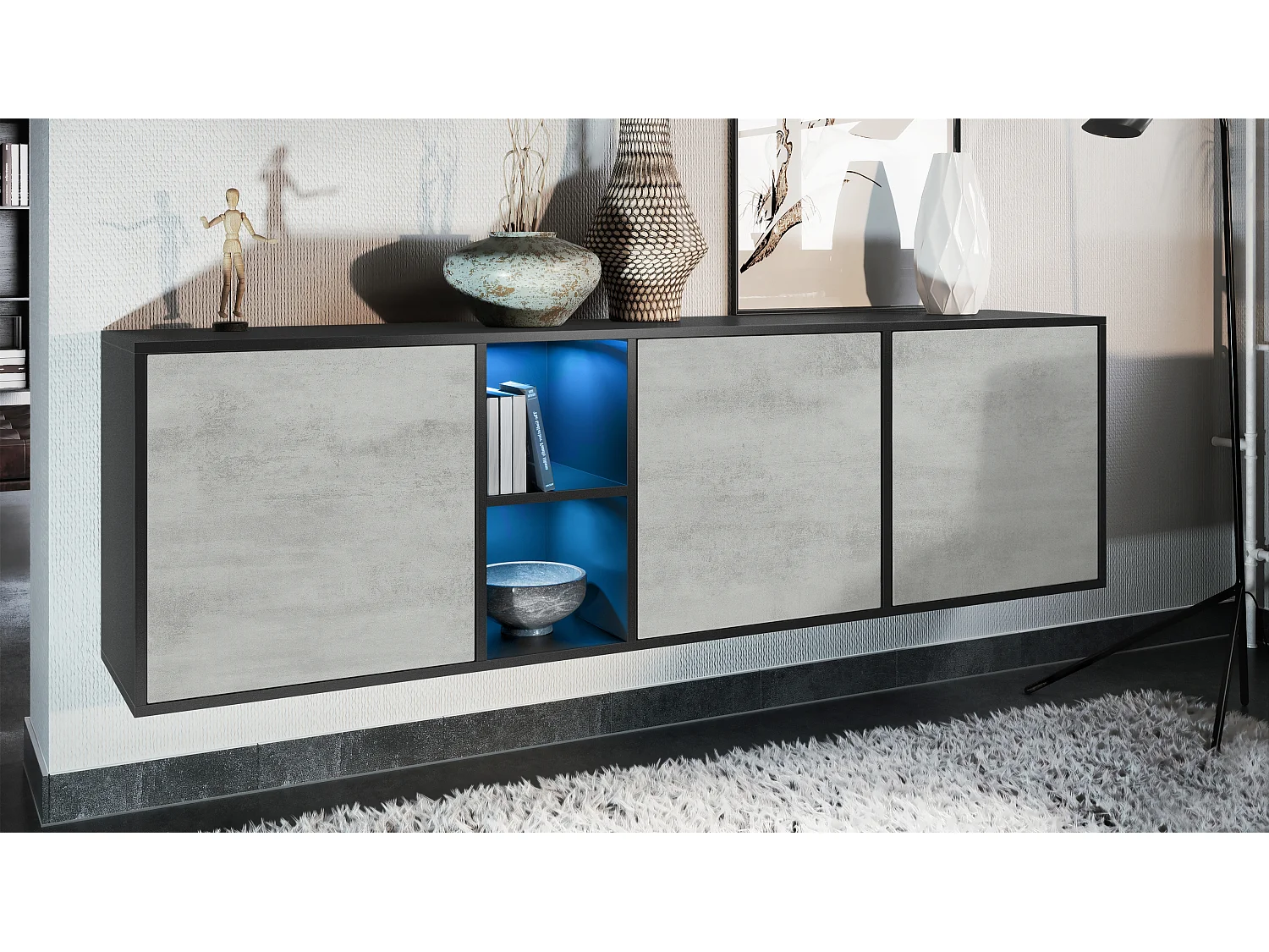 Vladon Cassettiera Cuba - nero opaco/ottica cermento ossido - Credenza moderna per la zona giorno - (LxAxP) 182x53x35 cm