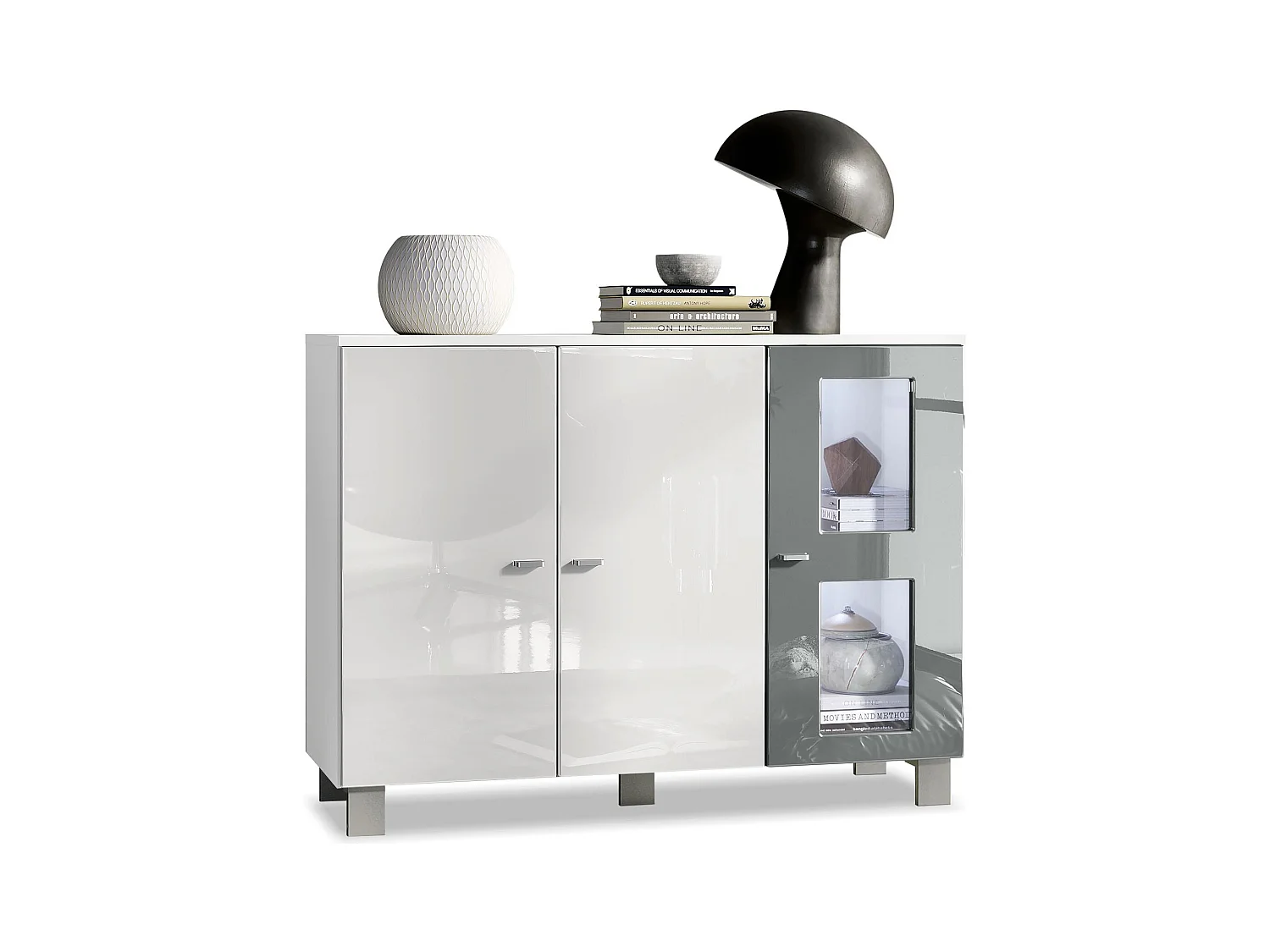 Buffet Denjo, Commode avec 3 portes, Blanc mat/Blanc haute brillance/Gris haute brillance, éclairage LED inclus (107 x 81 x 35 cm)