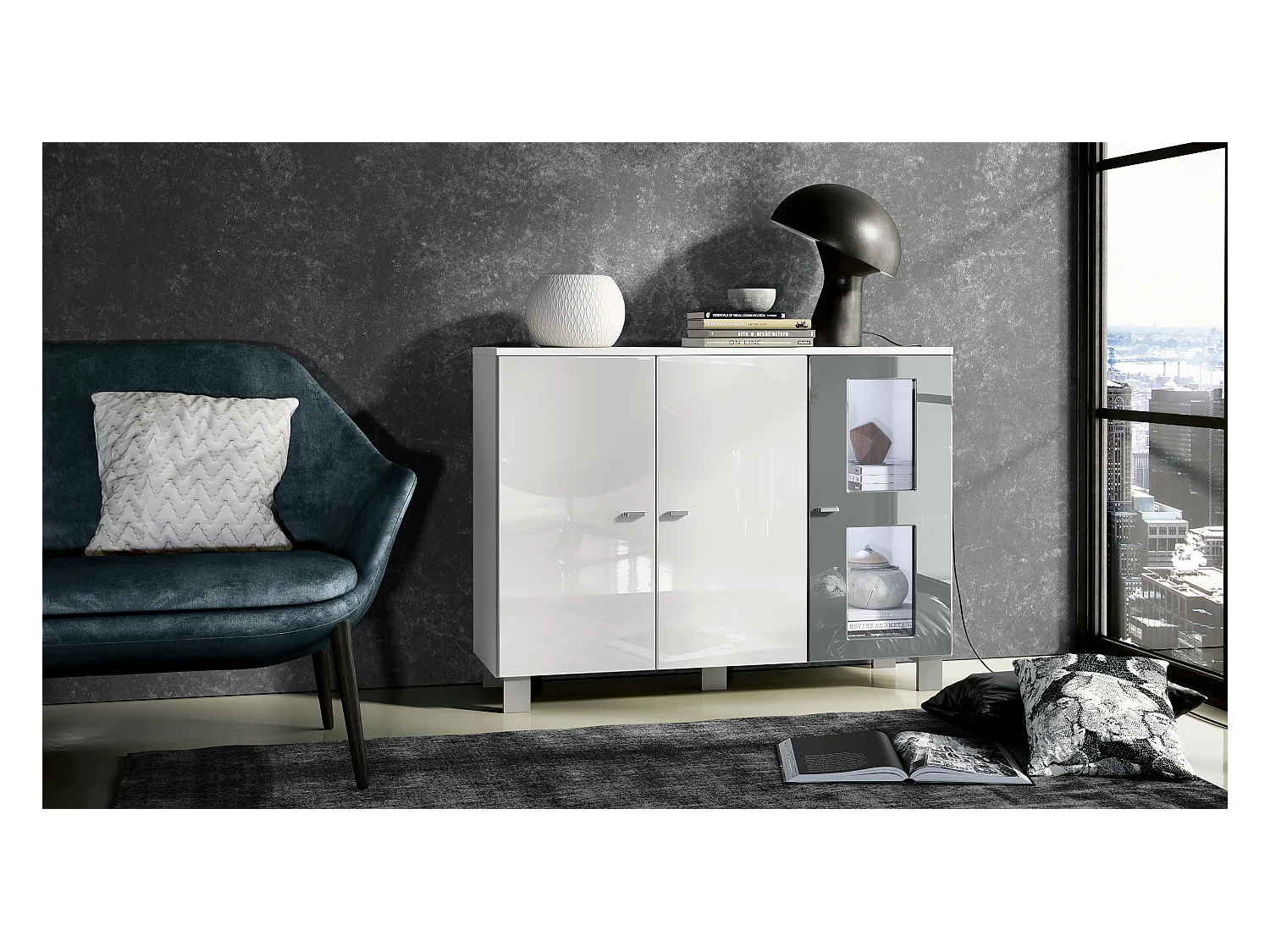 Buffet Denjo, Commode avec 3 portes, Blanc mat/Blanc haute brillance/Gris haute brillance, éclairage LED inclus (107 x 81 x 35 cm)