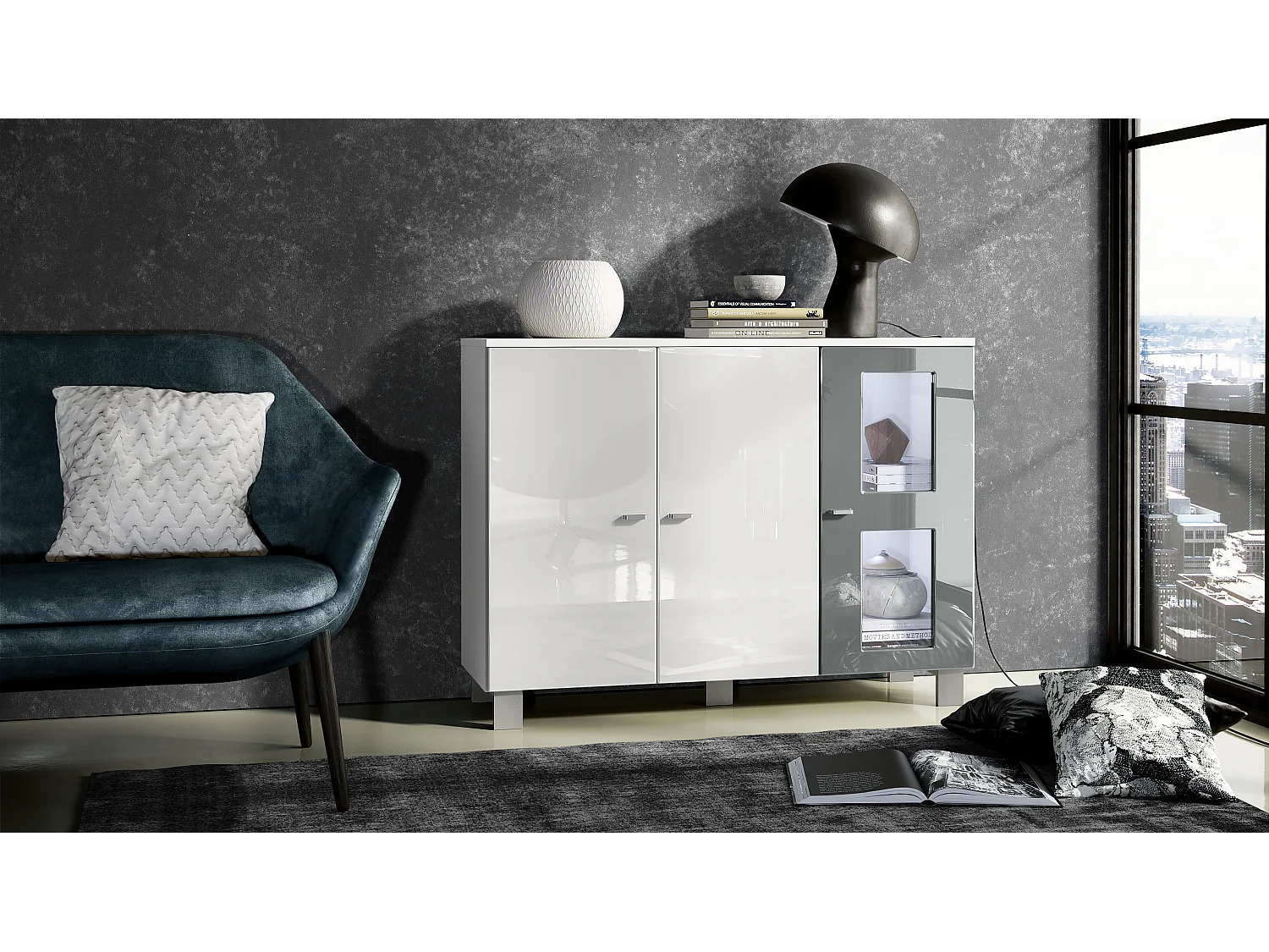 Buffet Denjo, Commode avec 3 portes, Blanc mat/Blanc haute brillance/Gris haute brillance, éclairage LED inclus (107 x 81 x 35 cm)