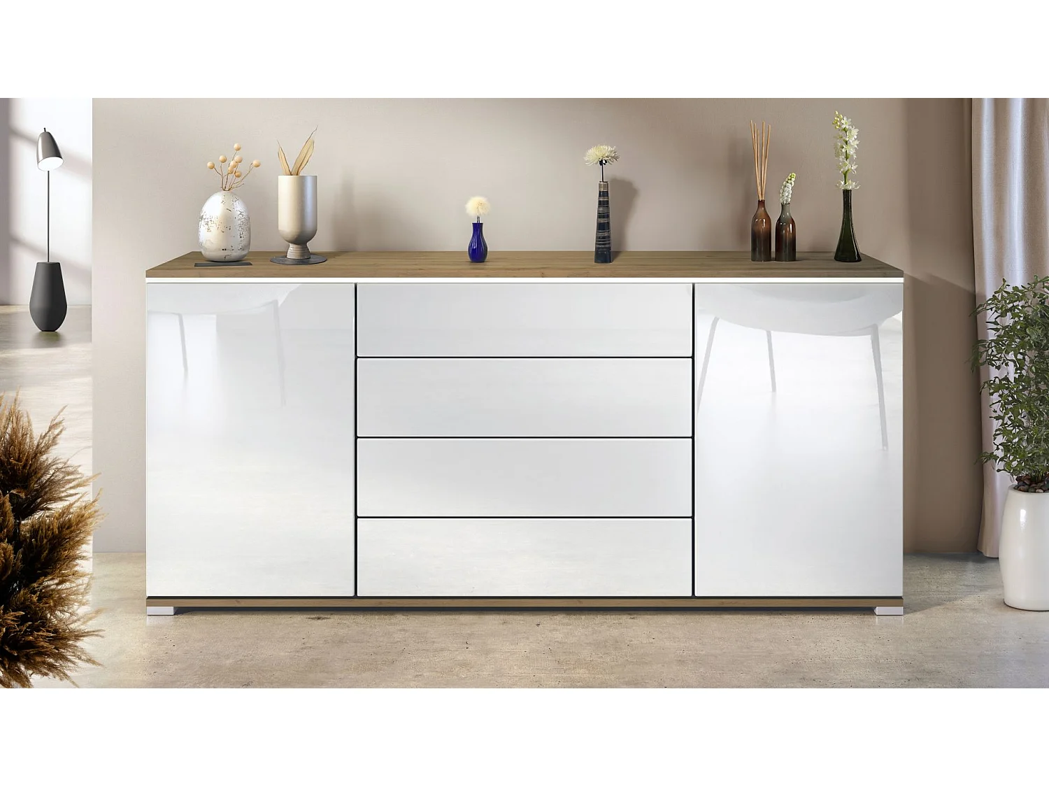 Buffet Faro V2 – Meuble avec 2 Portes & 4 Tiroirs, Armoire avec Bande LED Lumineuse, Chêne Evoke / blanc haute brillance (166,5 x 75,5 x 35)