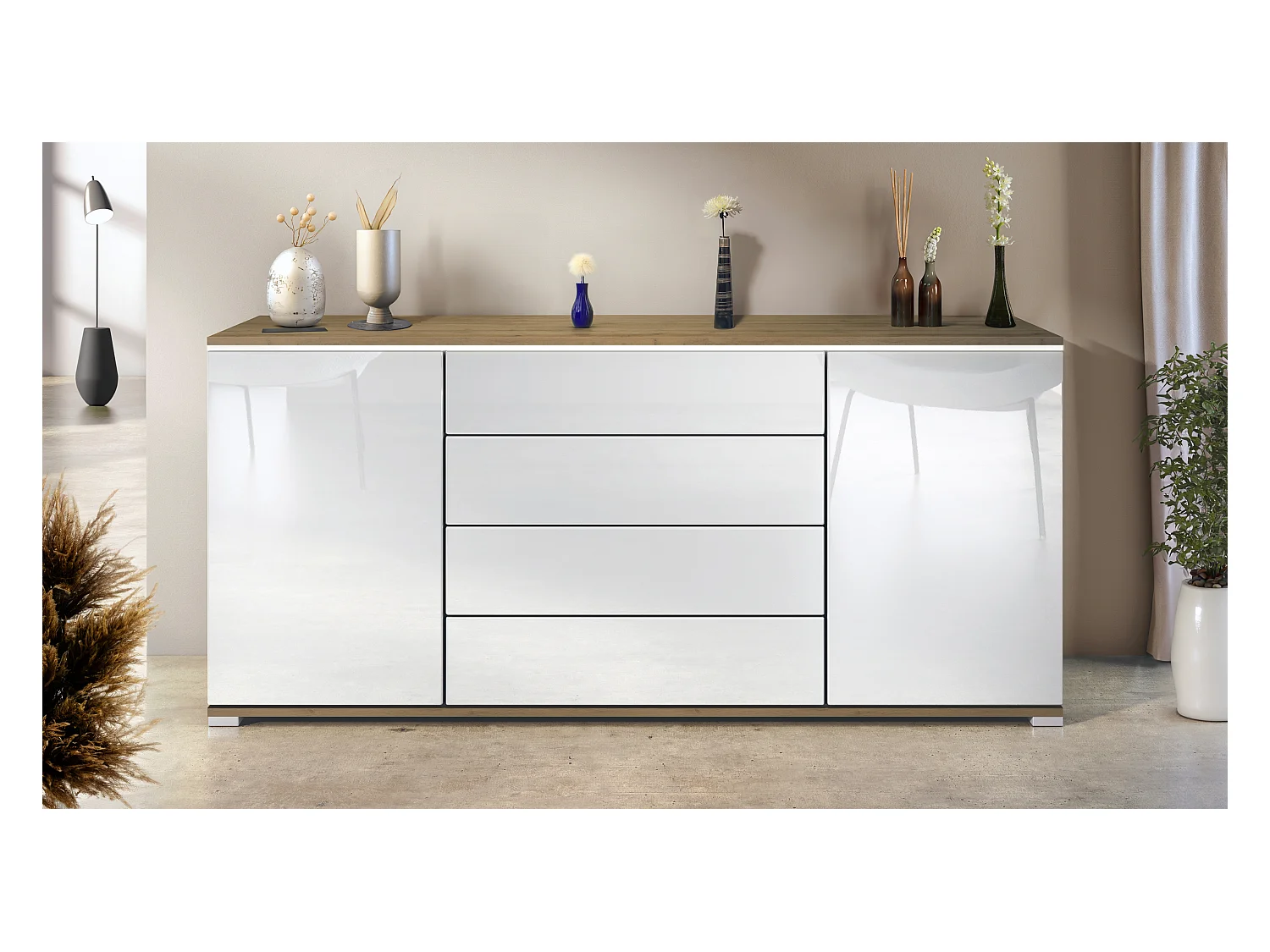 Buffet Faro V2 – Meuble avec 2 Portes & 4 Tiroirs, Armoire avec Bande LED Lumineuse, Chêne Evoke / blanc haute brillance (166,5 x 75,5 x 35)