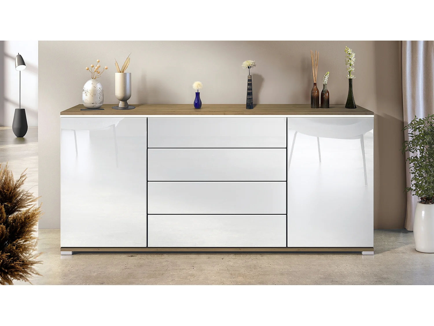 Buffet Faro V2 – Meuble avec 2 Portes & 4 Tiroirs, Armoire avec Bande LED Lumineuse, Chêne Evoke / blanc haute brillance (166,5 x 75,5 x 35)