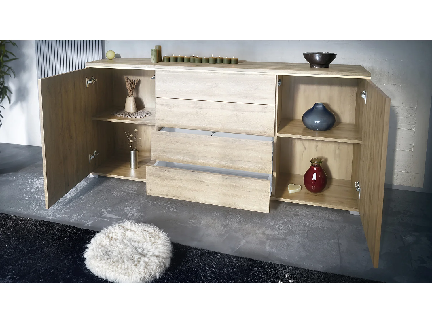 Buffet Faro V2 – Meuble avec 2 Portes & 4 Tiroirs, Armoire avec Bande LED Lumineuse, Chêne Evoke / blanc haute brillance (166,5 x 75,5 x 35)