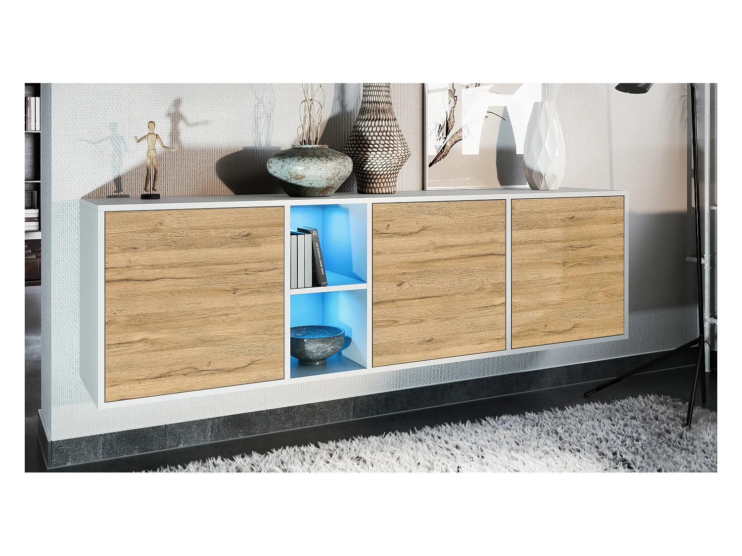 Commode Cuba - blanc mat/chêne nature y compris LED - Buffet moderne pour votre salon - (LxHxP) 182x53x35 cm