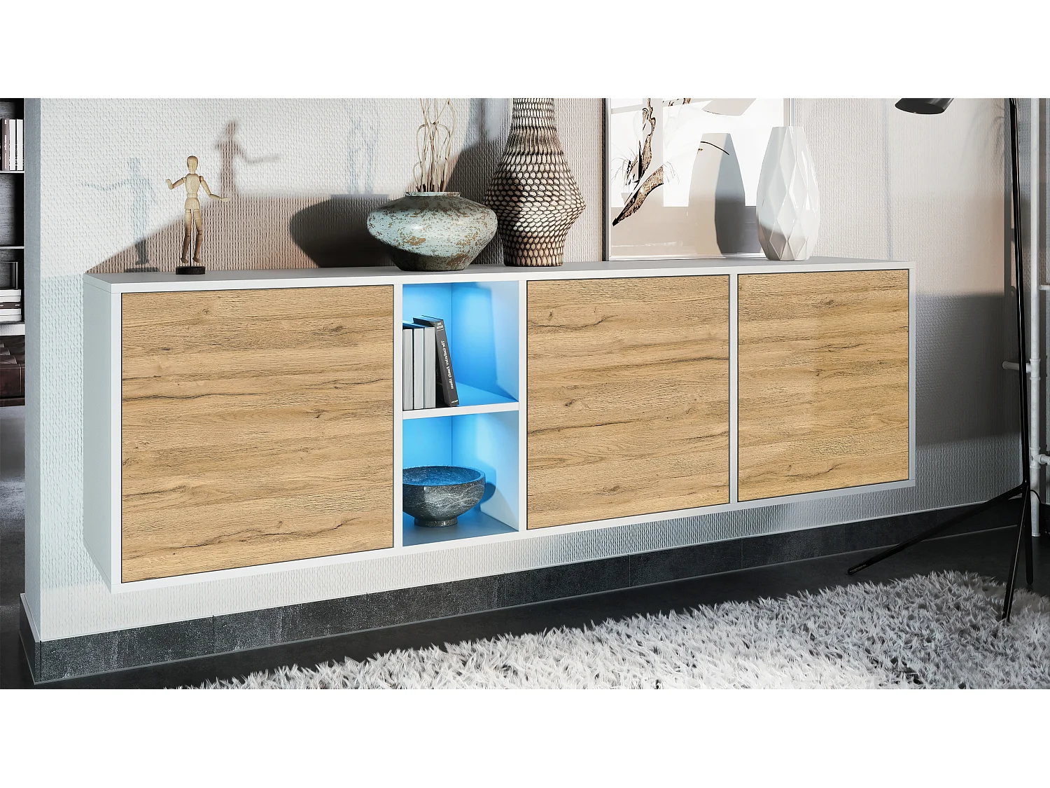 Commode Cuba - blanc mat/chêne nature y compris LED - Buffet moderne pour votre salon - (LxHxP) 182x53x35 cm