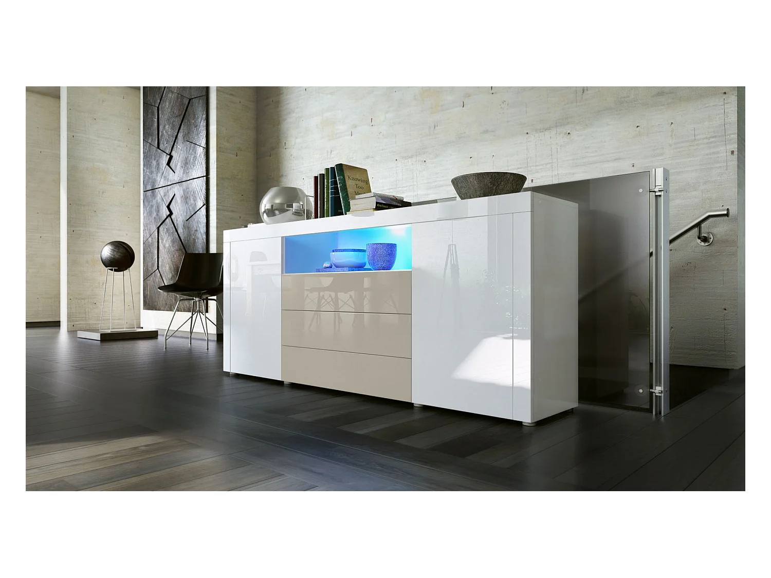 SIDEBOARD Santiago Weiß Hochglanz / Sandgrau Hochglanz