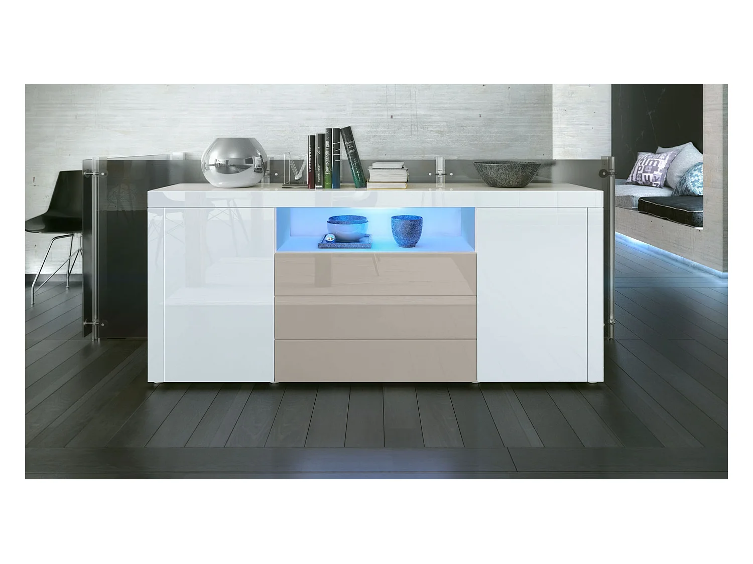 SIDEBOARD Santiago Weiß Hochglanz / Sandgrau Hochglanz