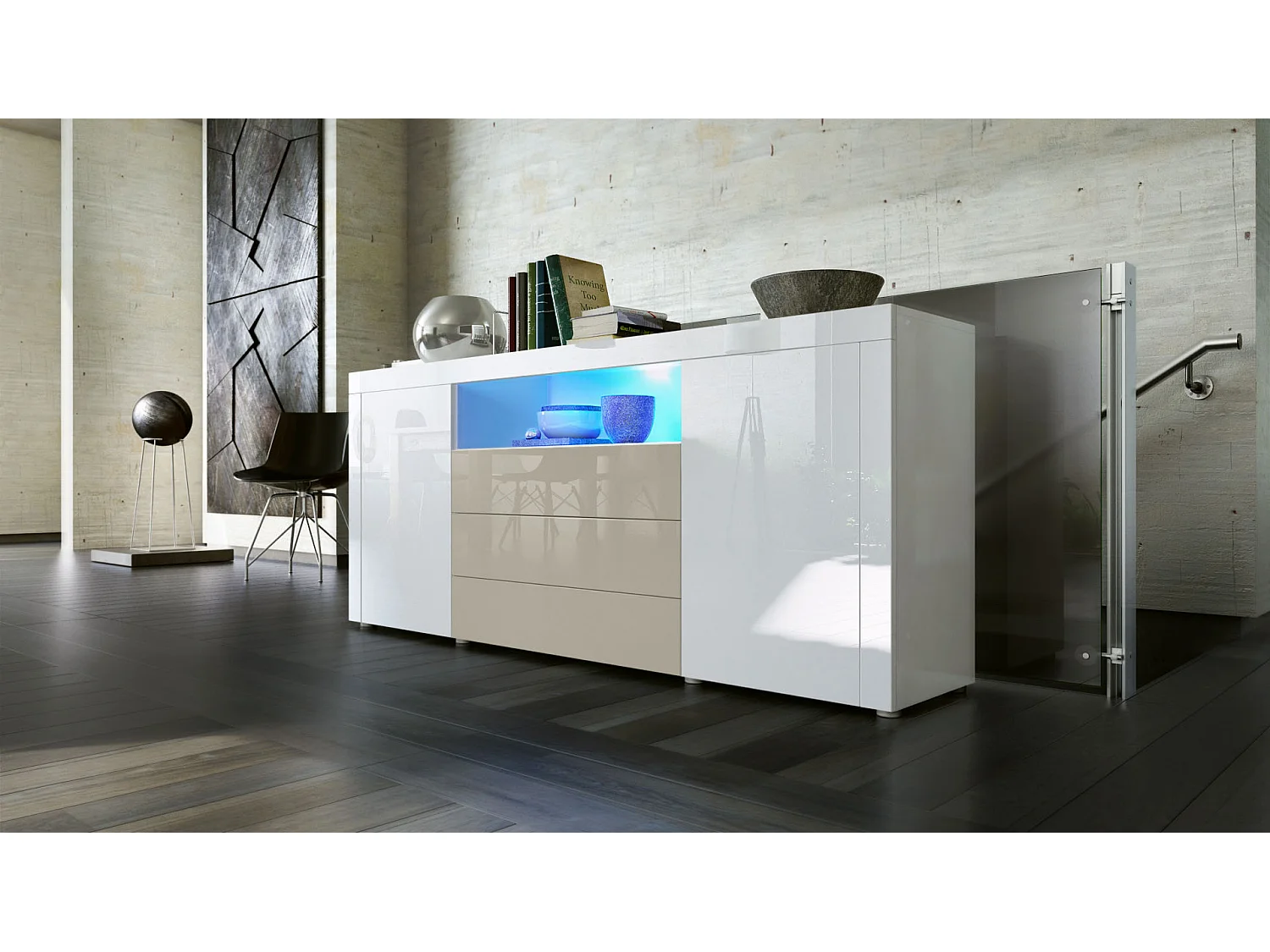 SIDEBOARD Santiago Weiß Hochglanz / Sandgrau Hochglanz