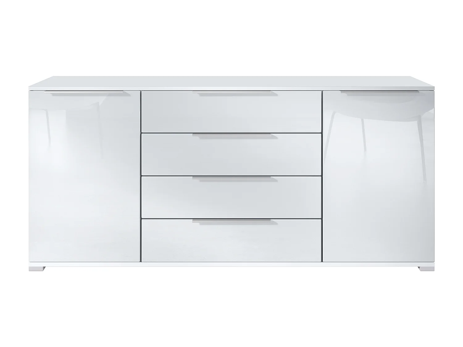Buffet Linio V2 – Commode moderne avec 2 portes et 4 tiroirs, blanc mat/blanc haute brillance, 166,5 x 75,5 x 35 cm (L x H x P) – Meuble de rangement bahut