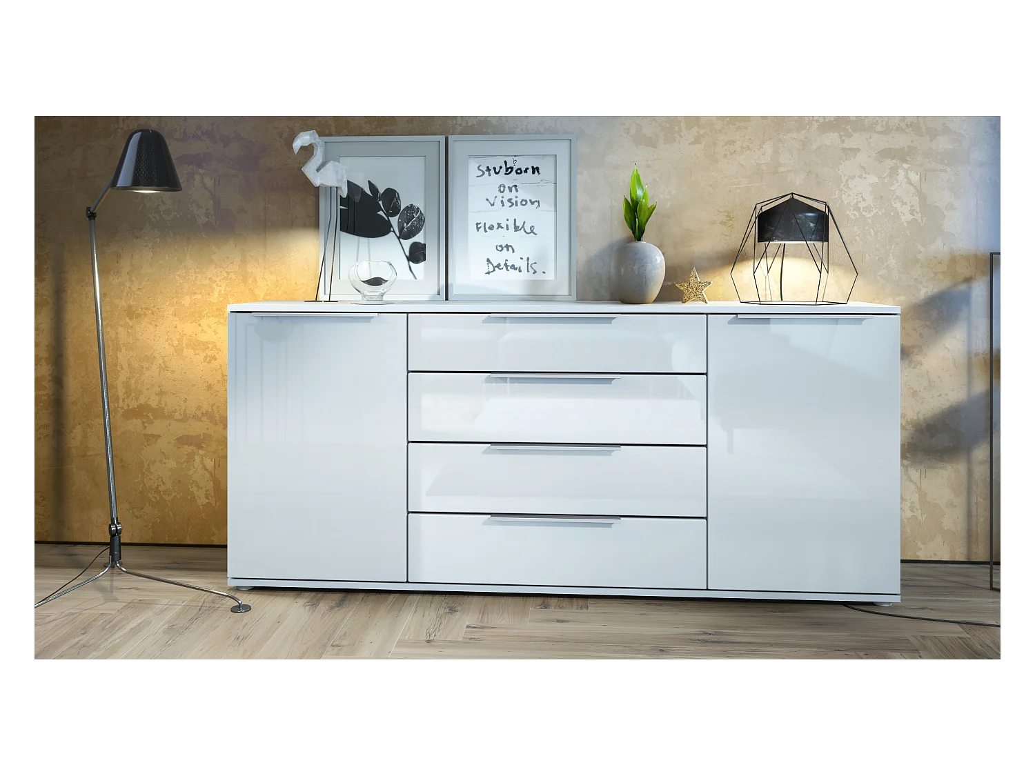 Buffet Linio V2 – Commode moderne avec 2 portes et 4 tiroirs, blanc mat/blanc haute brillance, 166,5 x 75,5 x 35 cm (L x H x P) – Meuble de rangement bahut