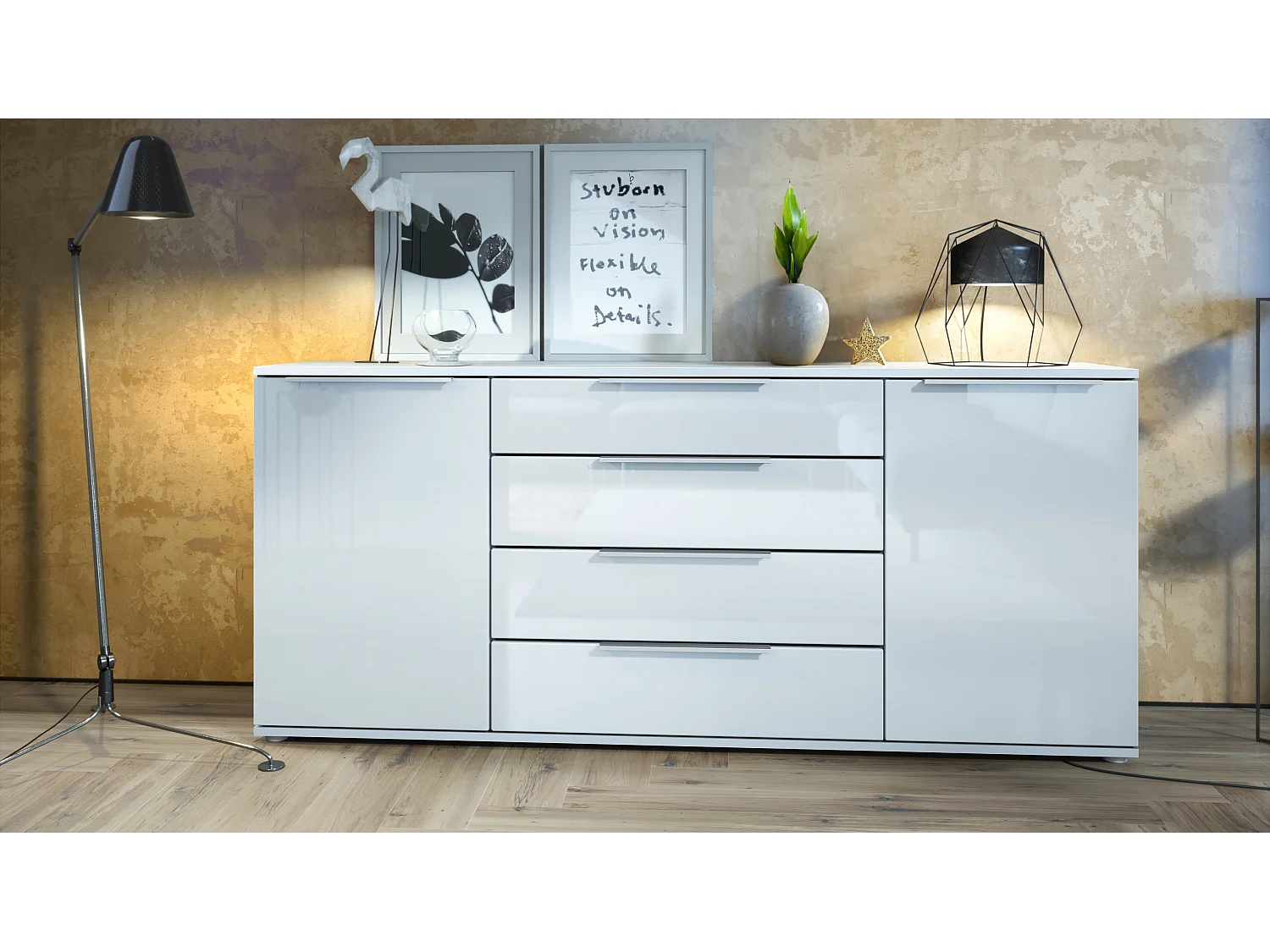 Buffet Linio V2 – Commode moderne avec 2 portes et 4 tiroirs, blanc mat/blanc haute brillance, 166,5 x 75,5 x 35 cm (L x H x P) – Meuble de rangement bahut