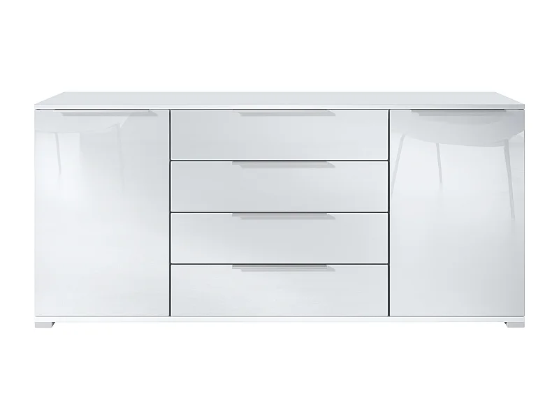 Buffet Linio V2 – Commode moderne avec 2 portes et 4 tiroirs, blanc mat/blanc haute brillance, 166,5 x 75,5 x 35 cm (L x H x P) – Meuble de rangement bahut