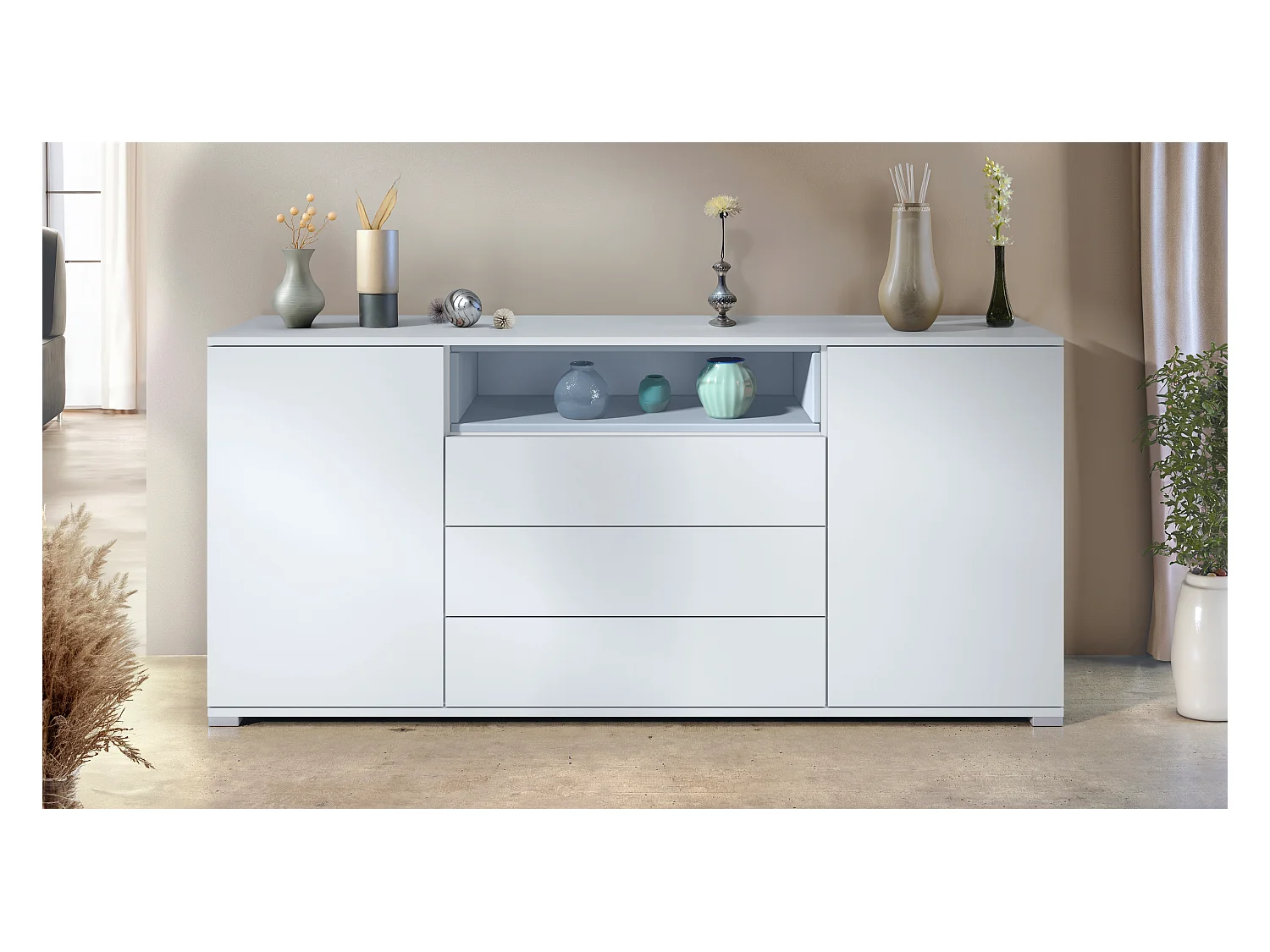 Skadu V4 Buffet, Commode avec 2 portes, 3 tiroirs et 1 compartiment ouvert, blanc mat/denim mat (166,5 x 75,5 x 35 cm)