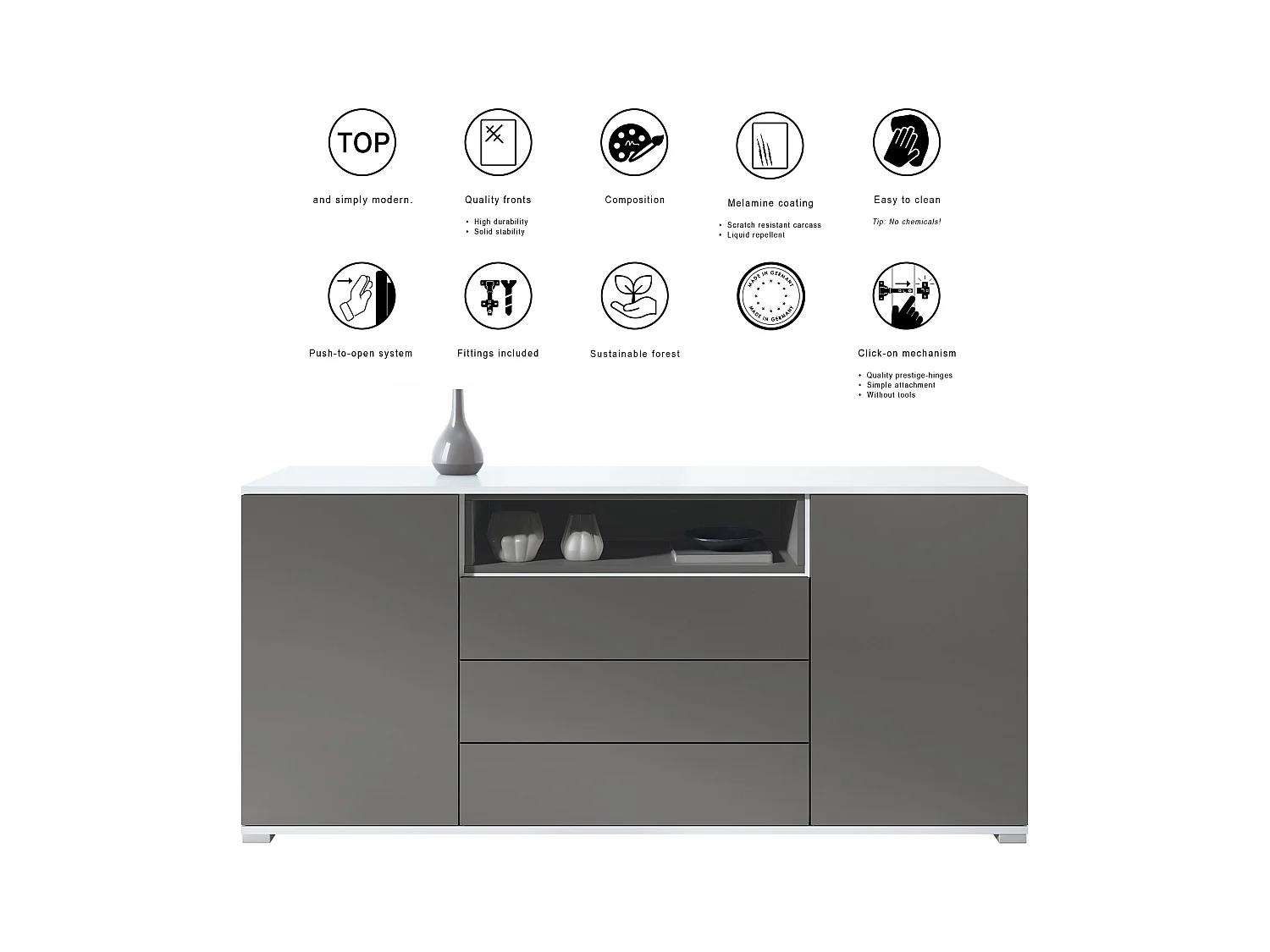 Skadu V4 Buffet, Commode avec 2 portes, 3 tiroirs et 1 compartiment ouvert, blanc mat/denim mat (166,5 x 75,5 x 35 cm)