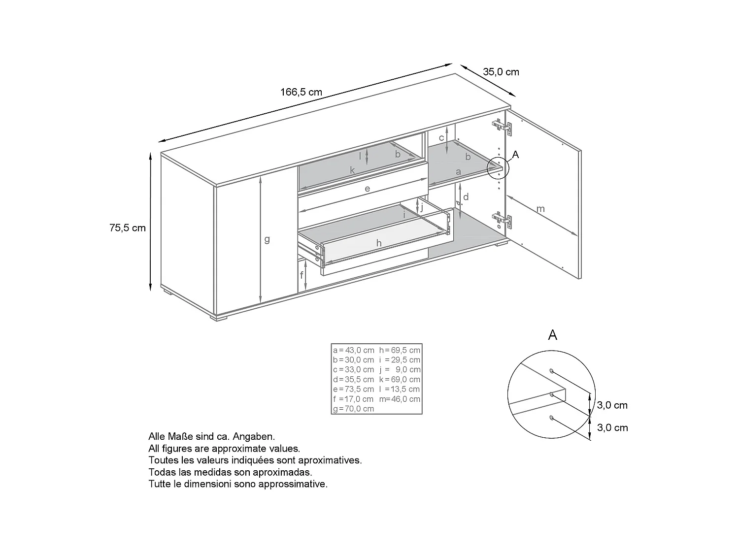 Skadu V4 Buffet, Commode avec 2 portes, 3 tiroirs et 1 compartiment ouvert, blanc mat/denim mat (166,5 x 75,5 x 35 cm)