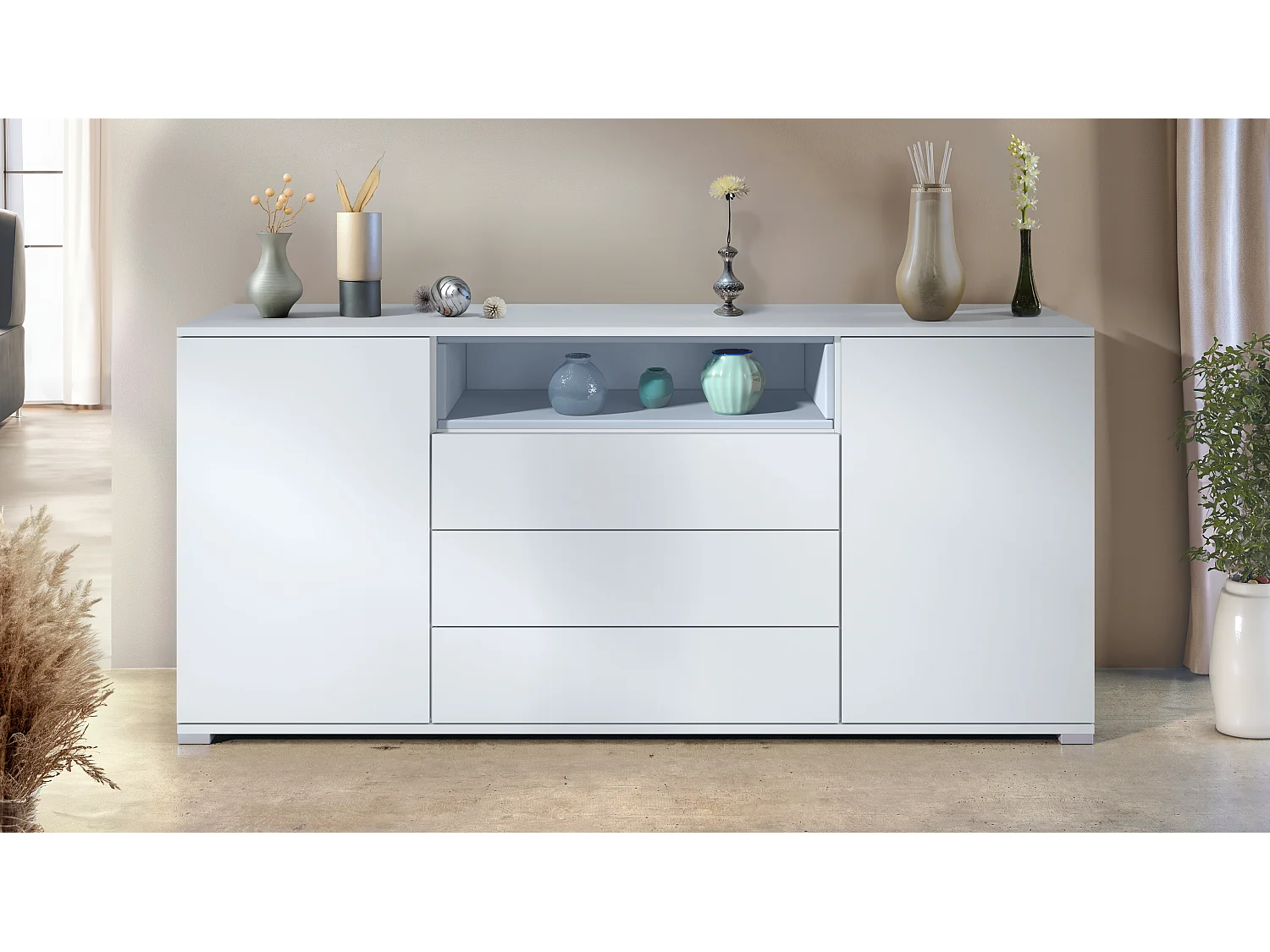 Skadu V4 Buffet, Commode avec 2 portes, 3 tiroirs et 1 compartiment ouvert, blanc mat/denim mat (166,5 x 75,5 x 35 cm)