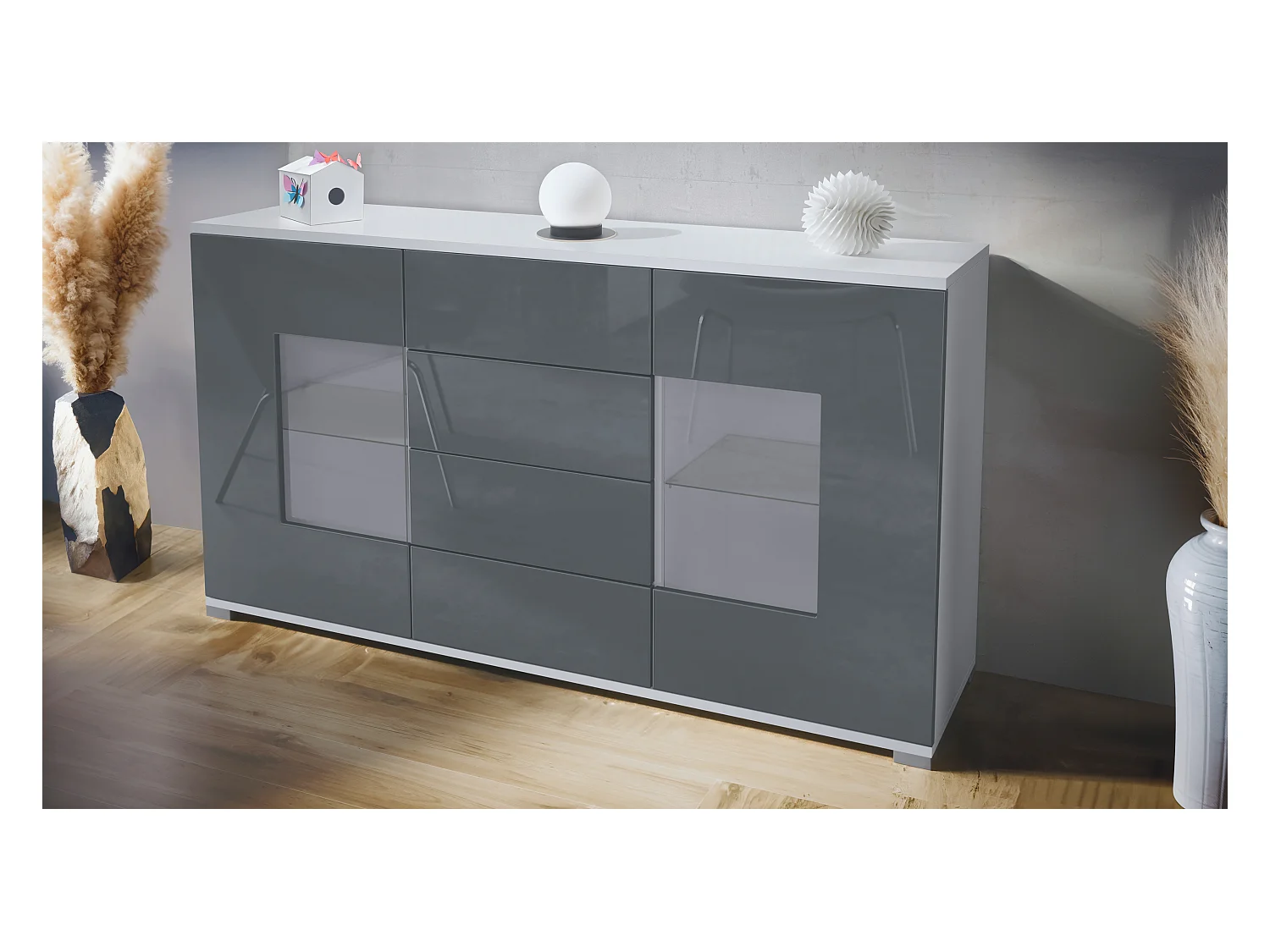 Buffet Grömitz V1 – Meuble avec 2 Grandes Portes et 4 Tiroirs, blanc mat/gris haute brillance (138,5 x 75,5 x 35)