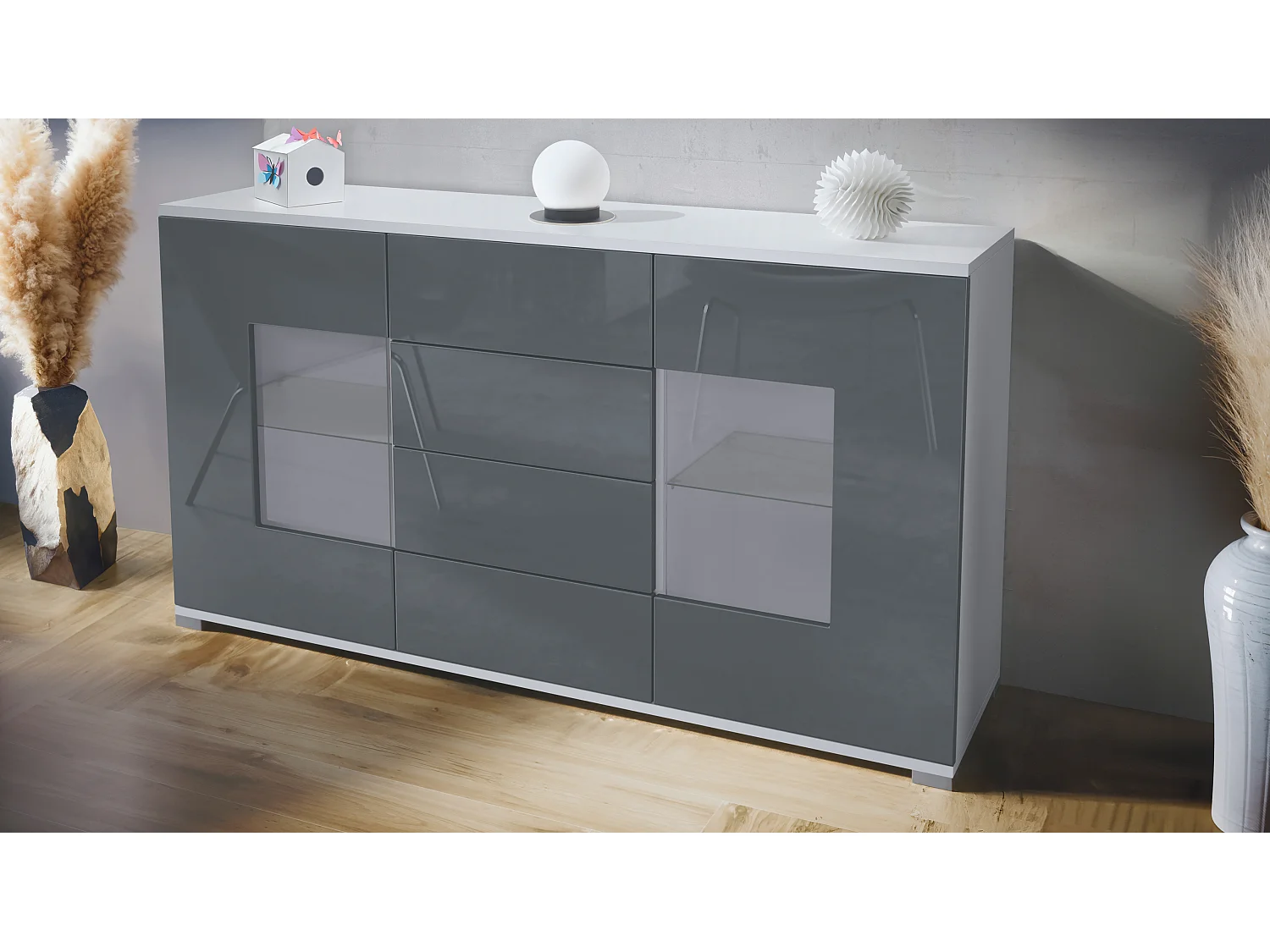 Buffet Grömitz V1 – Meuble avec 2 Grandes Portes et 4 Tiroirs, blanc mat/gris haute brillance (138,5 x 75,5 x 35)