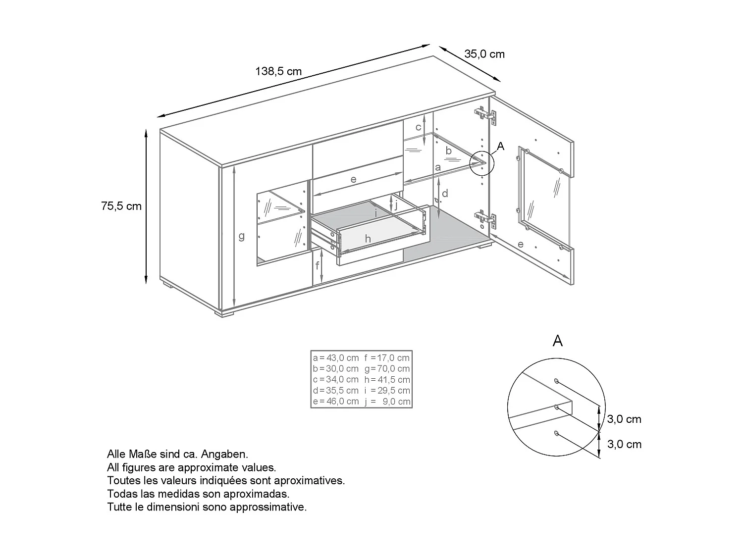 Buffet Grömitz V1 – Meuble avec 2 Grandes Portes et 4 Tiroirs, blanc mat/gris haute brillance (138,5 x 75,5 x 35)