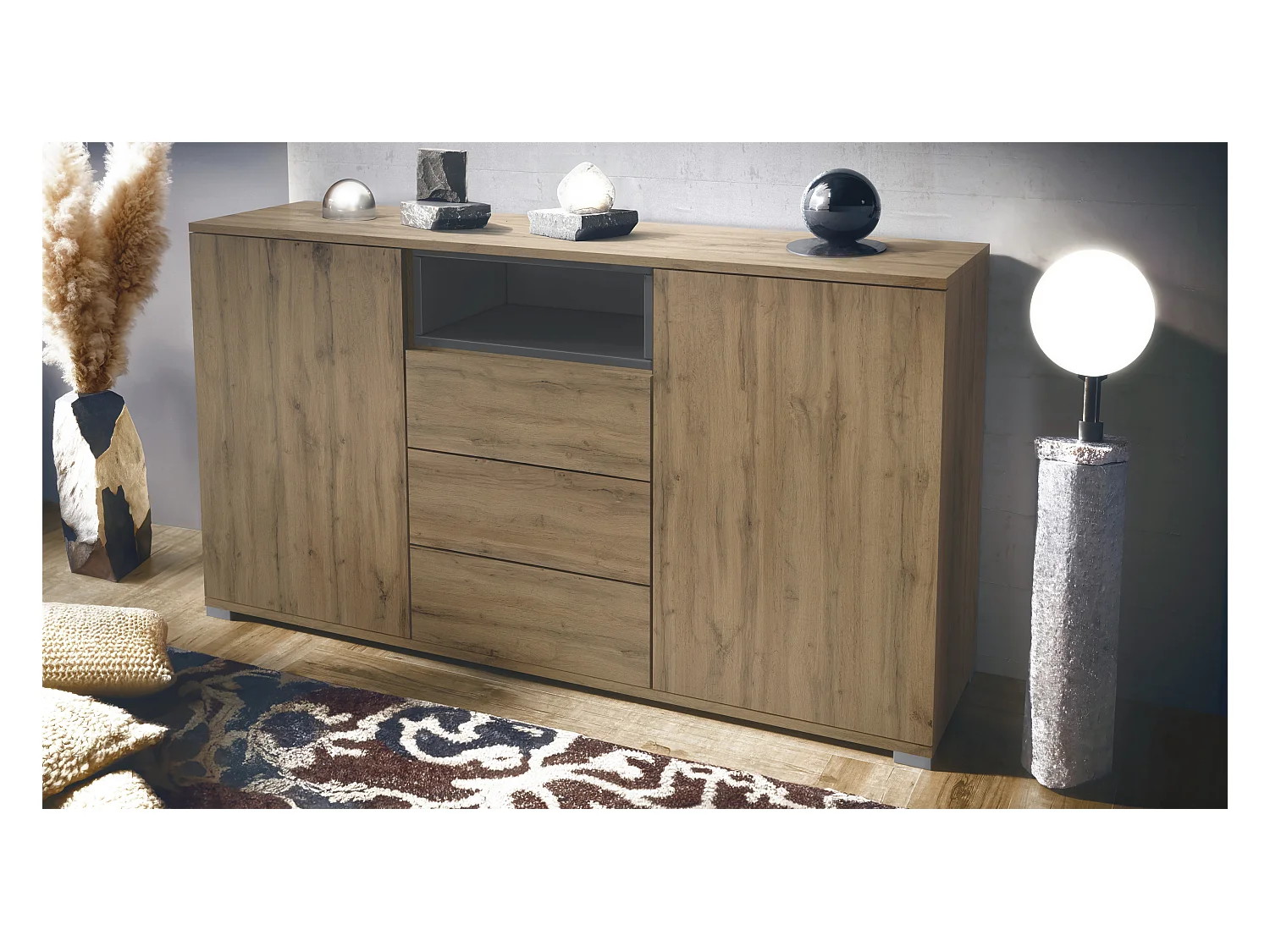 Skadu V2 Buffet, Commode avec 2 portes, 3 tiroirs et 1 compartiment ouvert, Chêne Evoke/gris haute brillance (138,5 x 75,5 x 35 cm)