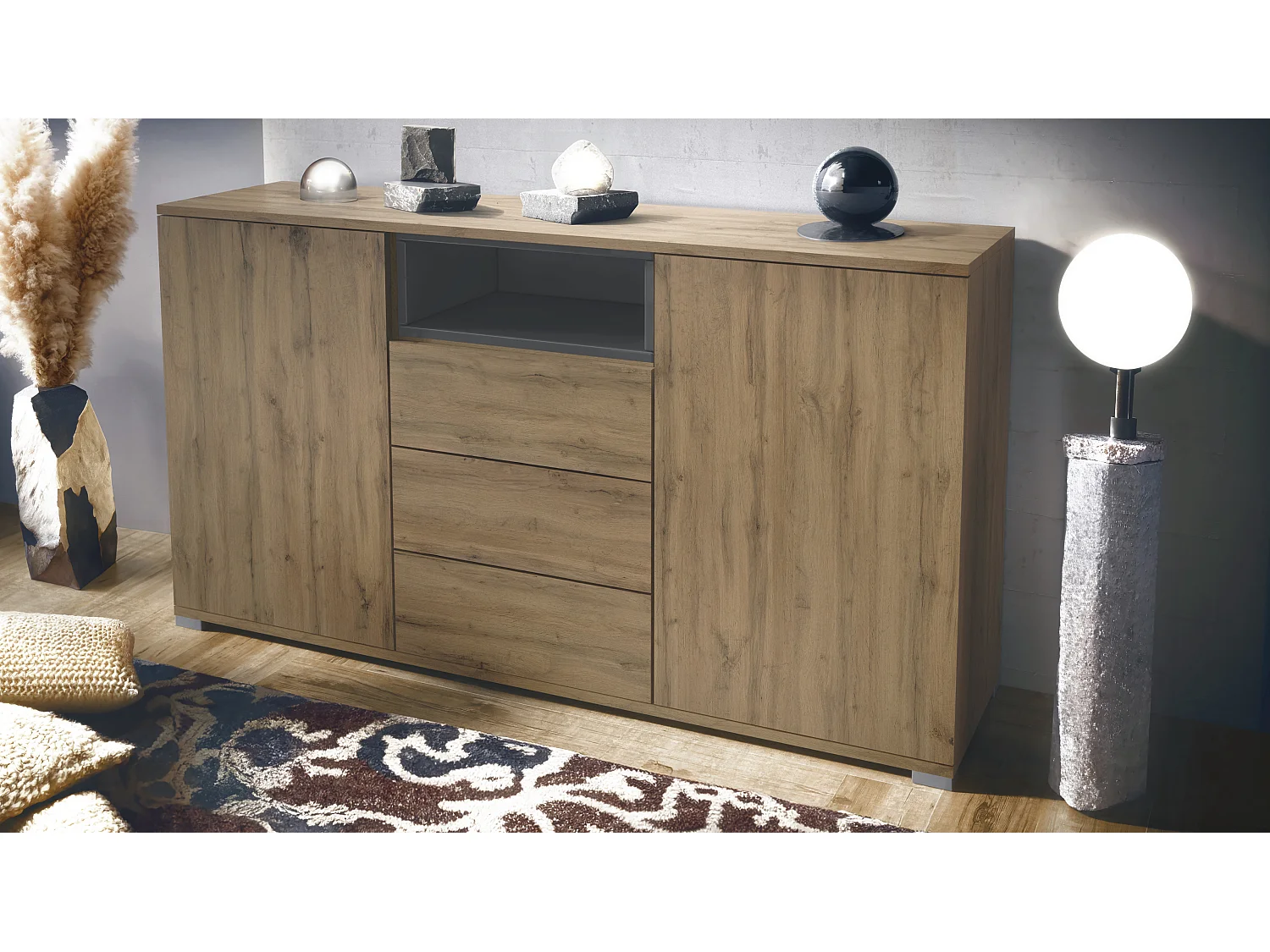 Skadu V2 Buffet, Commode avec 2 portes, 3 tiroirs et 1 compartiment ouvert, Chêne Evoke/gris haute brillance (138,5 x 75,5 x 35 cm)
