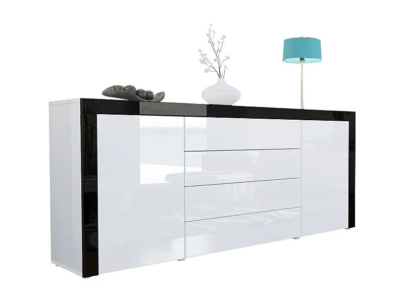 Cassettiera La Paz, struttura in bianco / frontale in bianco lucido con cornice in nero lucido.