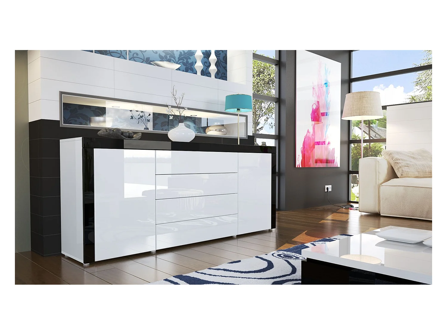 Cassettiera La Paz, struttura in bianco / frontale in bianco lucido con cornice in nero lucido.