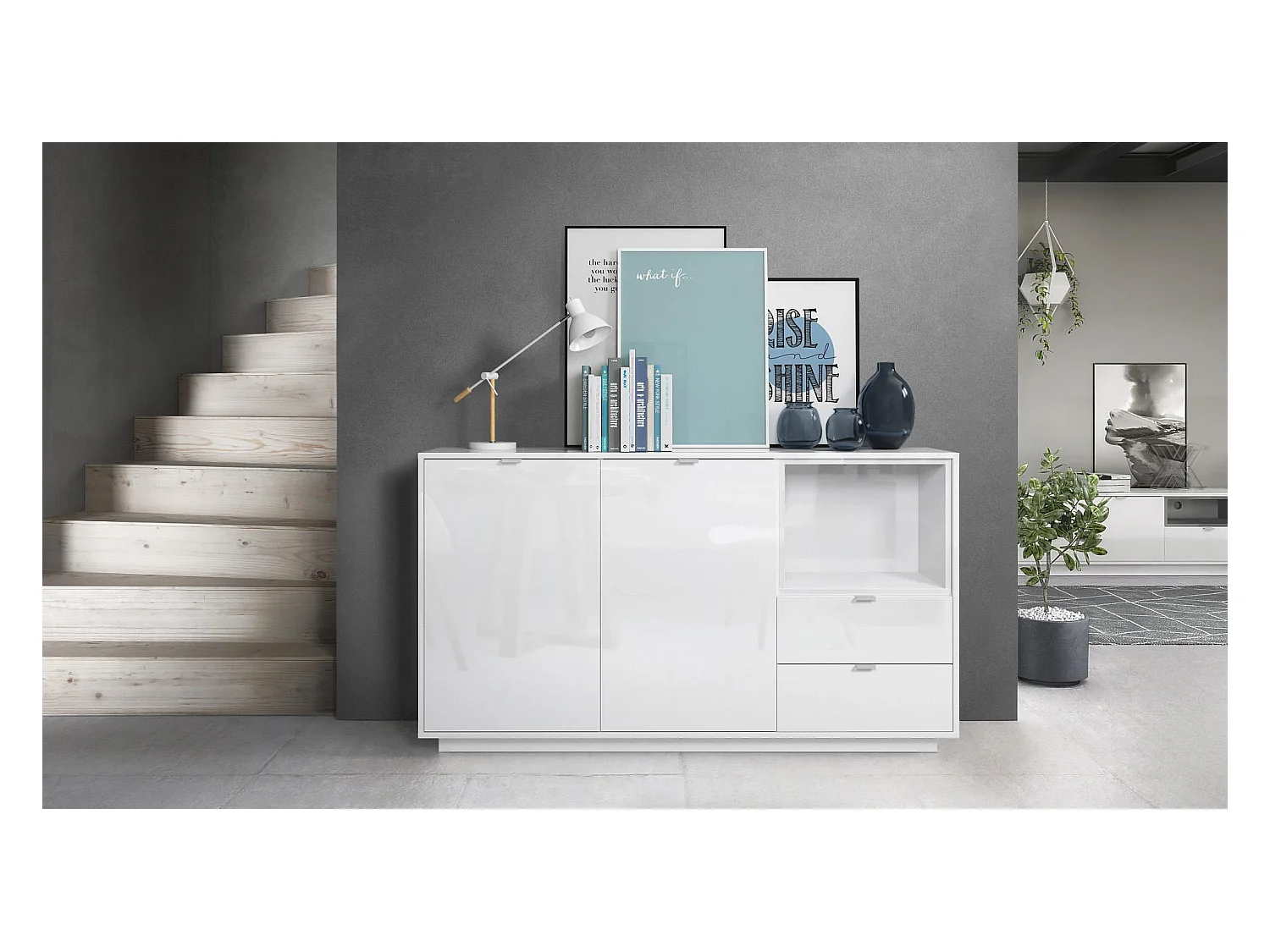 Buffet Armoire Metro, Corps en Blanc haute brillance / Façades en Blanc haute brillance avec une insertion en Blanc haute brillance