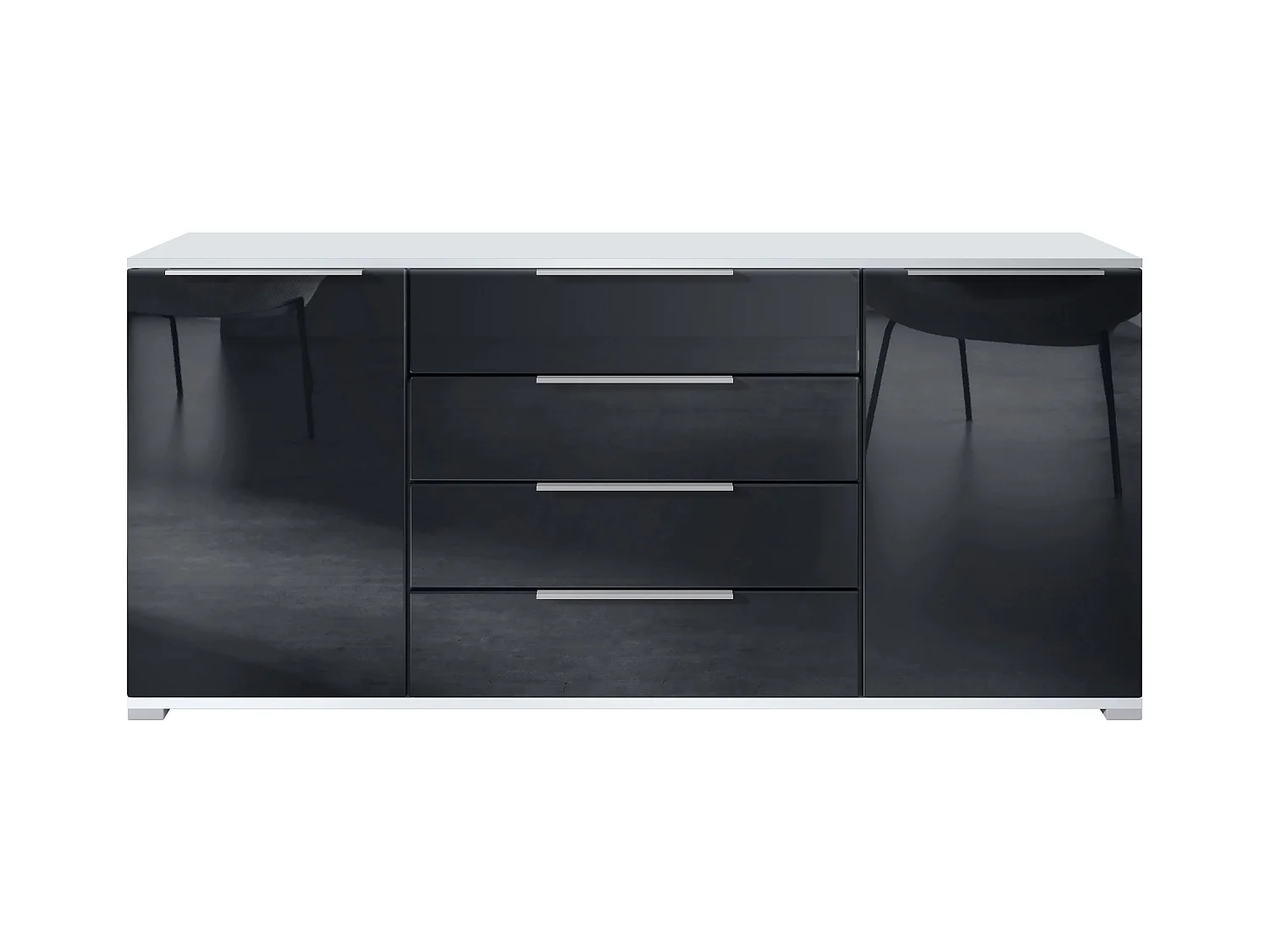 Buffet Linio V2 – Commode moderne avec 2 portes et 4 tiroirs, blanc mat/noir haute brillance, 166,5 x 75,5 x 35 cm (L x H x P) – Meuble de rangement bahut