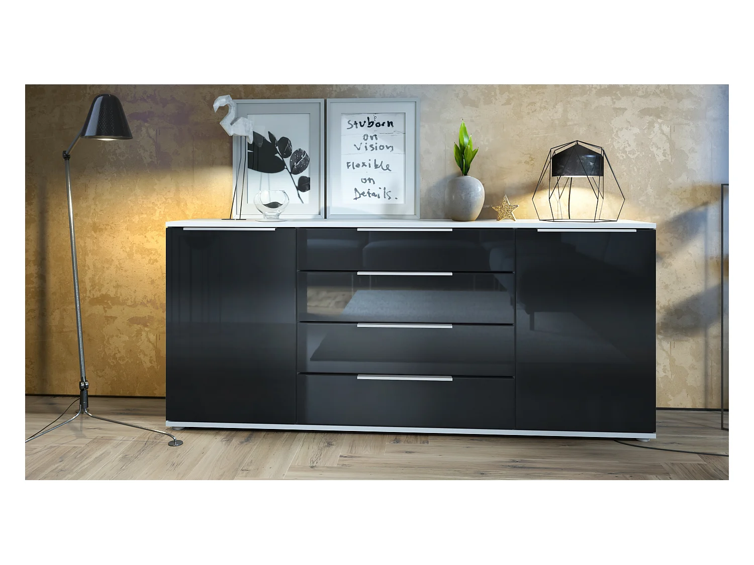 Buffet Linio V2 – Commode moderne avec 2 portes et 4 tiroirs, blanc mat/noir haute brillance, 166,5 x 75,5 x 35 cm (L x H x P) – Meuble de rangement bahut