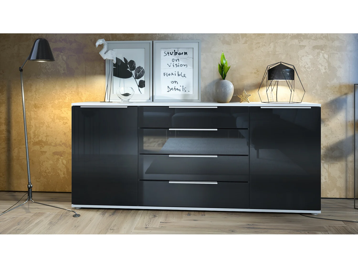 Buffet Linio V2 – Commode moderne avec 2 portes et 4 tiroirs, blanc mat/noir haute brillance, 166,5 x 75,5 x 35 cm (L x H x P) – Meuble de rangement bahut