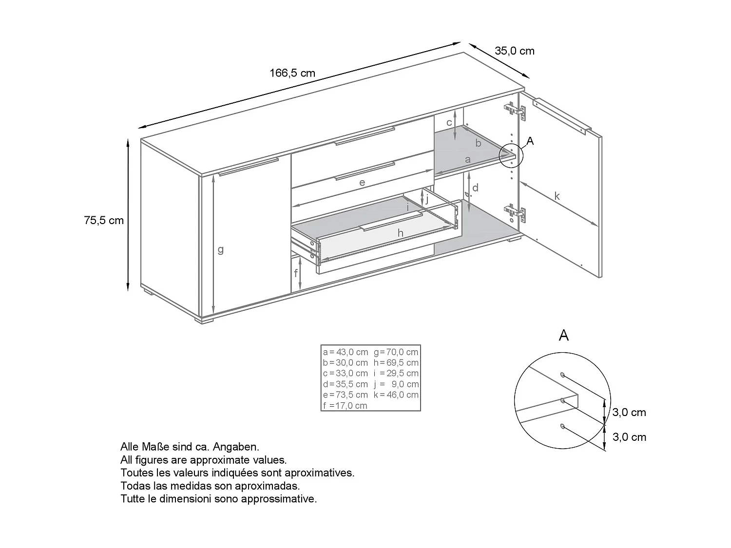 Buffet Linio V2 – Commode moderne avec 2 portes et 4 tiroirs, blanc mat/noir haute brillance, 166,5 x 75,5 x 35 cm (L x H x P) – Meuble de rangement bahut