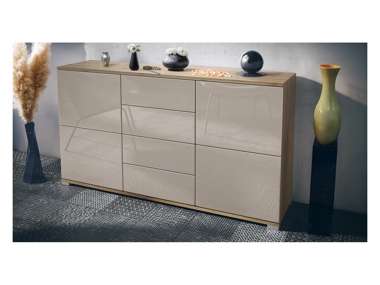 Buffet Rova V1 – Meuble avec 4 Portes et 4 Tiroirs, Chêne Evoke/gris sable haute brillance (138,5 x 75,5 x 35)