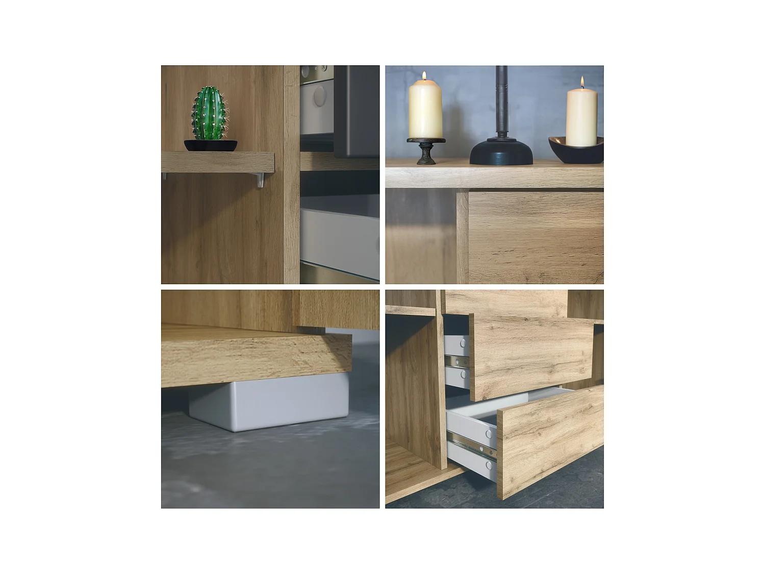 Buffet Rova V1 – Meuble avec 4 Portes et 4 Tiroirs, Chêne Evoke/gris sable haute brillance (138,5 x 75,5 x 35)