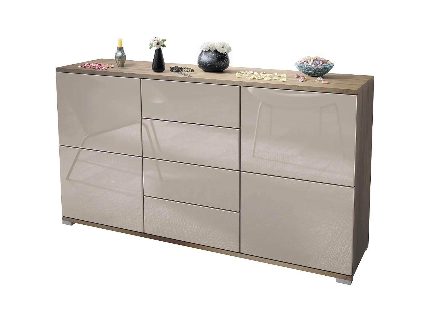 Aparador Rova V1 – Mueble con 4 Puertas y 4 Cajones, Roble Evoke/gris arena de alto brillo (138,5 x 75,5 x 35)