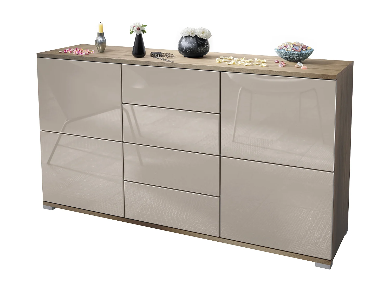 Buffet Rova V1 – Meuble avec 4 Portes et 4 Tiroirs, Chêne Evoke/gris sable haute brillance (138,5 x 75,5 x 35)