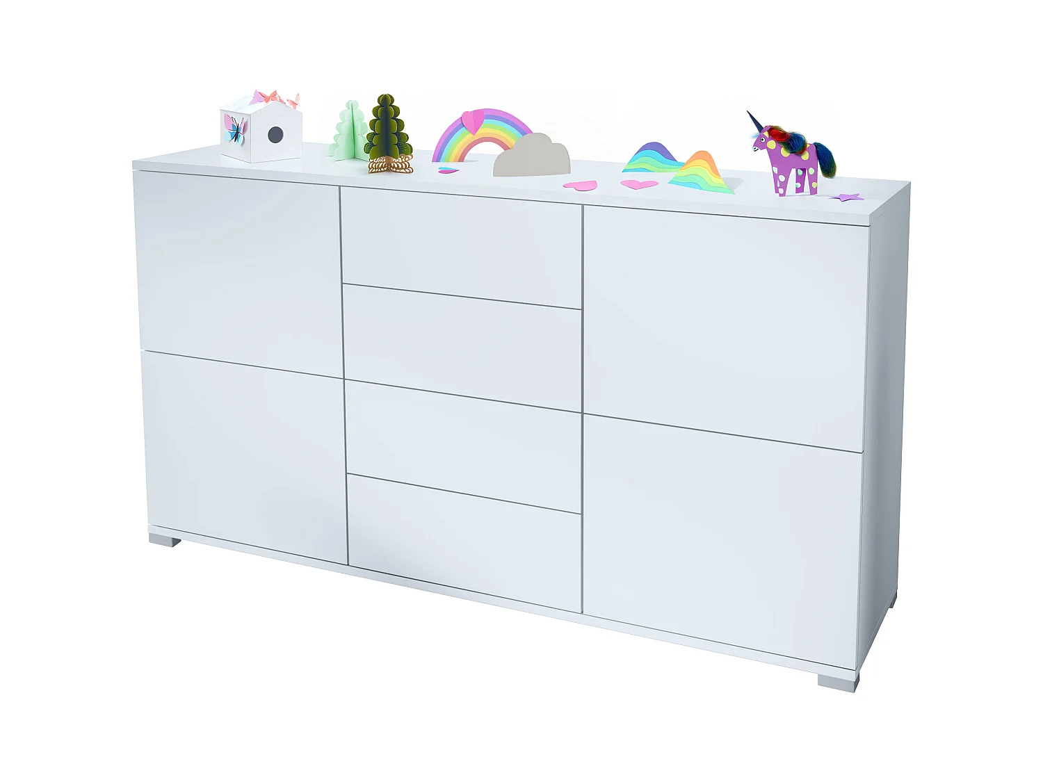 Aparador Rova V1 – Mueble con 4 Puertas y 4 Cajones, blanco mate/blanco mate (138,5 x 75,5 x 35)