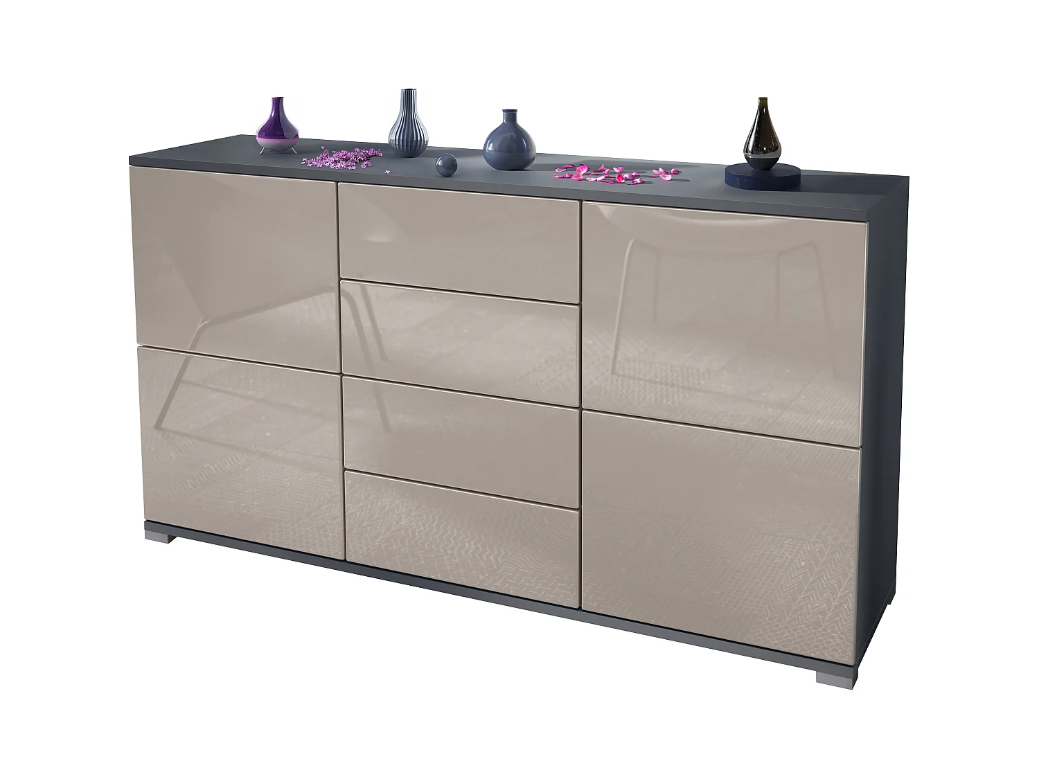 Aparador Rova V1 – Mueble con 4 Puertas y 4 Cajones, antracita mate/gris arena de alto brillo (138,5 x 75,5 x 35)