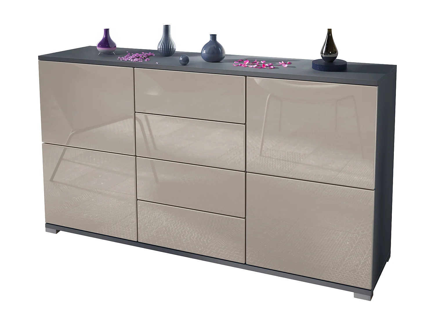Buffet Rova V1 – Meuble avec 4 Portes et 4 Tiroirs, anthracite mat/gris sable haute brillance (138,5 x 75,5 x 35)